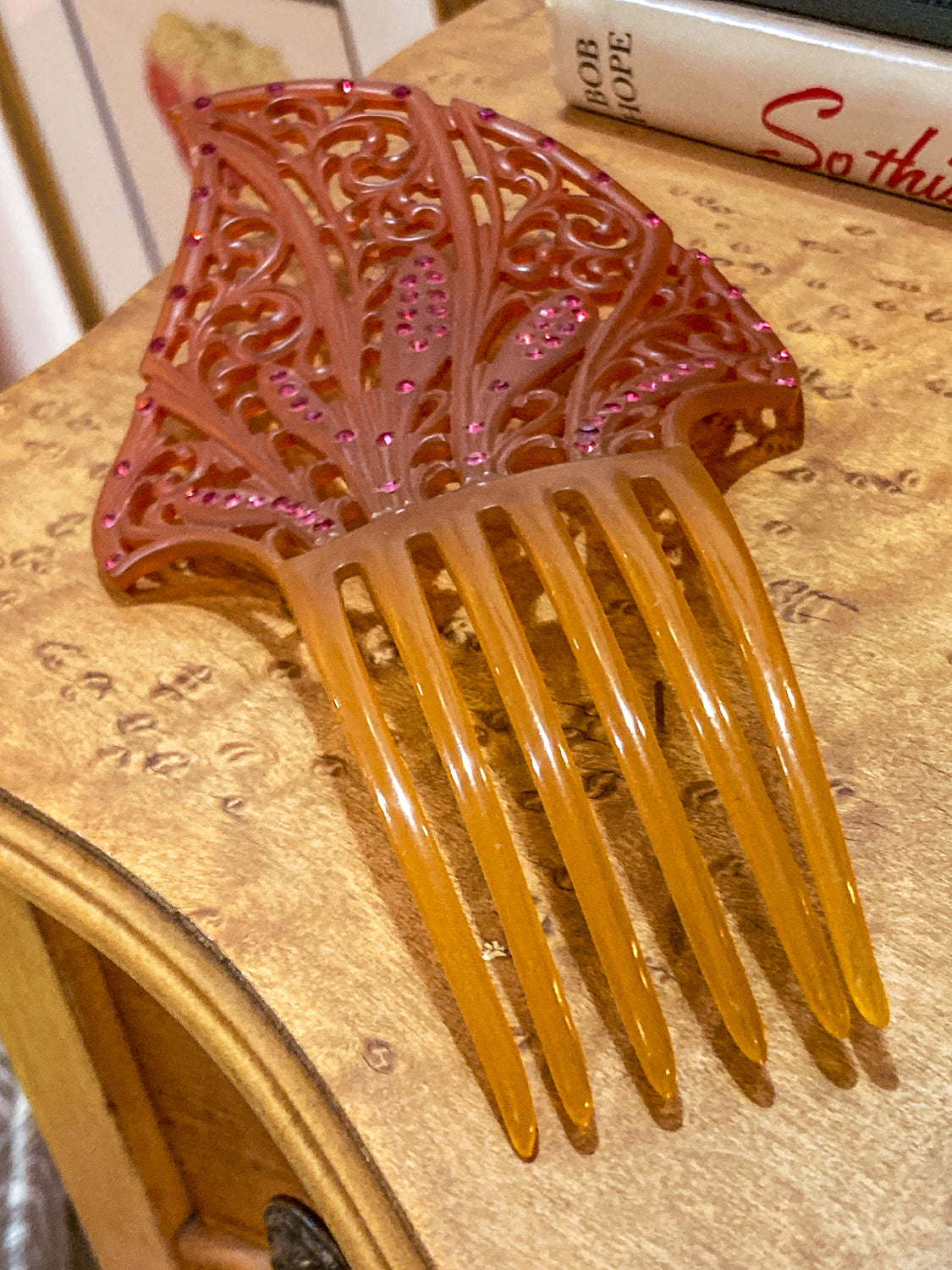 Antique Celluloid Pink Rhinestone Art Deco Hair Comb Accessory