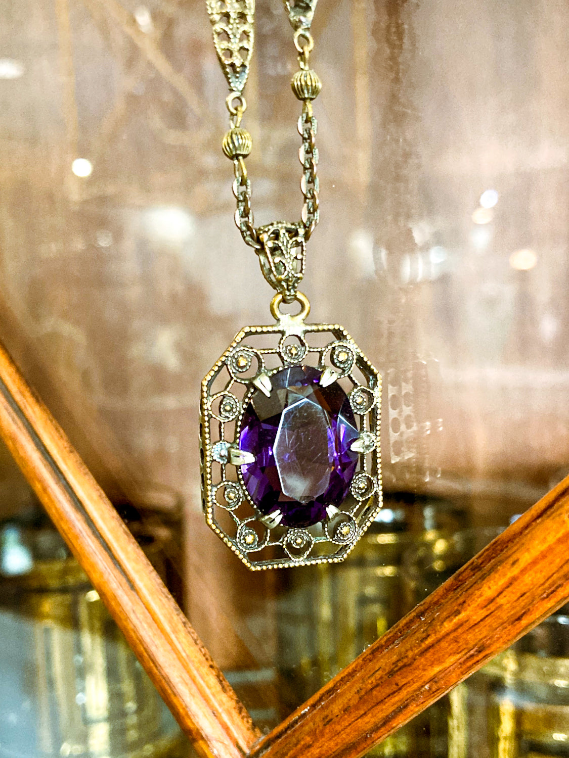 Antique Art Deco Purple Faux Amethyst Filigree Pendant Necklace