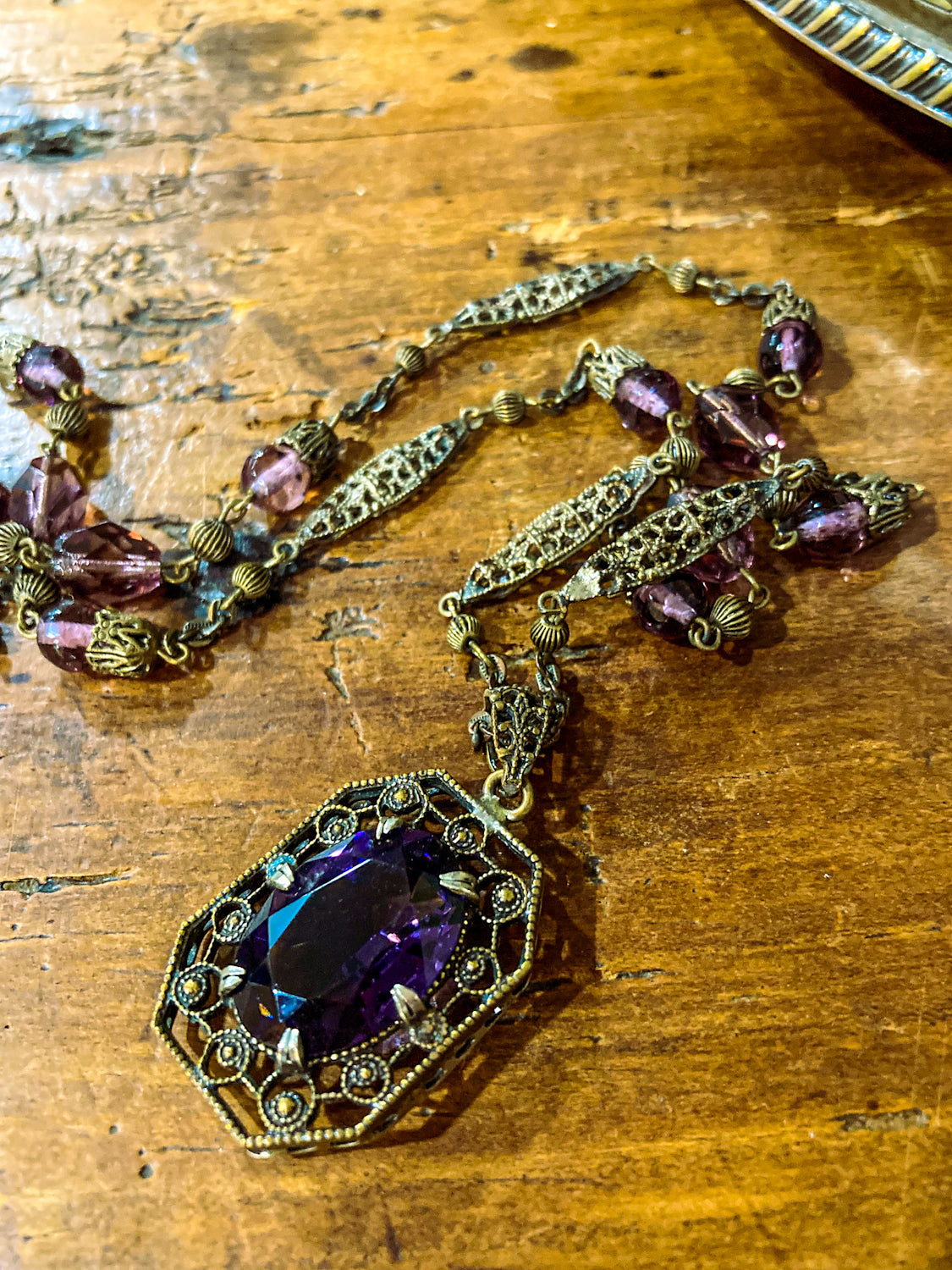 Antique Art Deco Purple Faux Amethyst Filigree Pendant Necklace