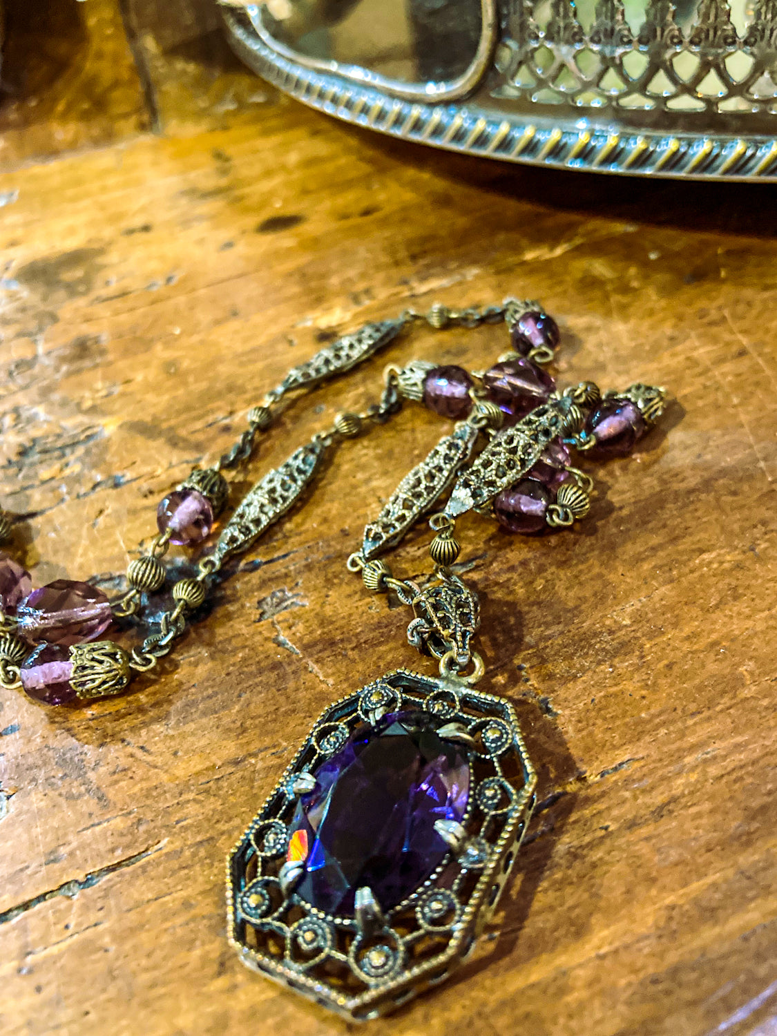 Antique Art Deco Purple Faux Amethyst Filigree Pendant Necklace