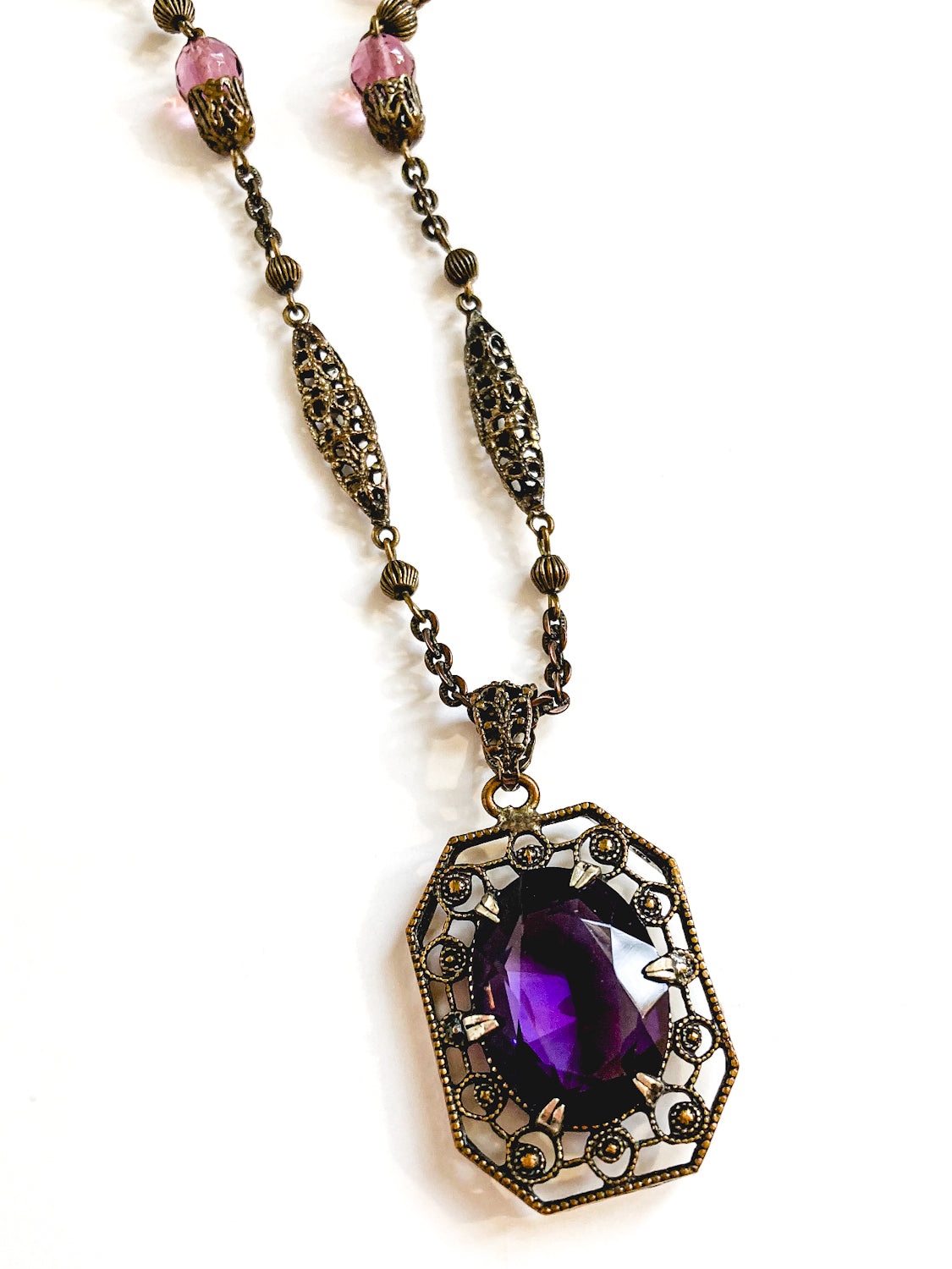 Antique Art Deco Purple Faux Amethyst Filigree Pendant Necklace