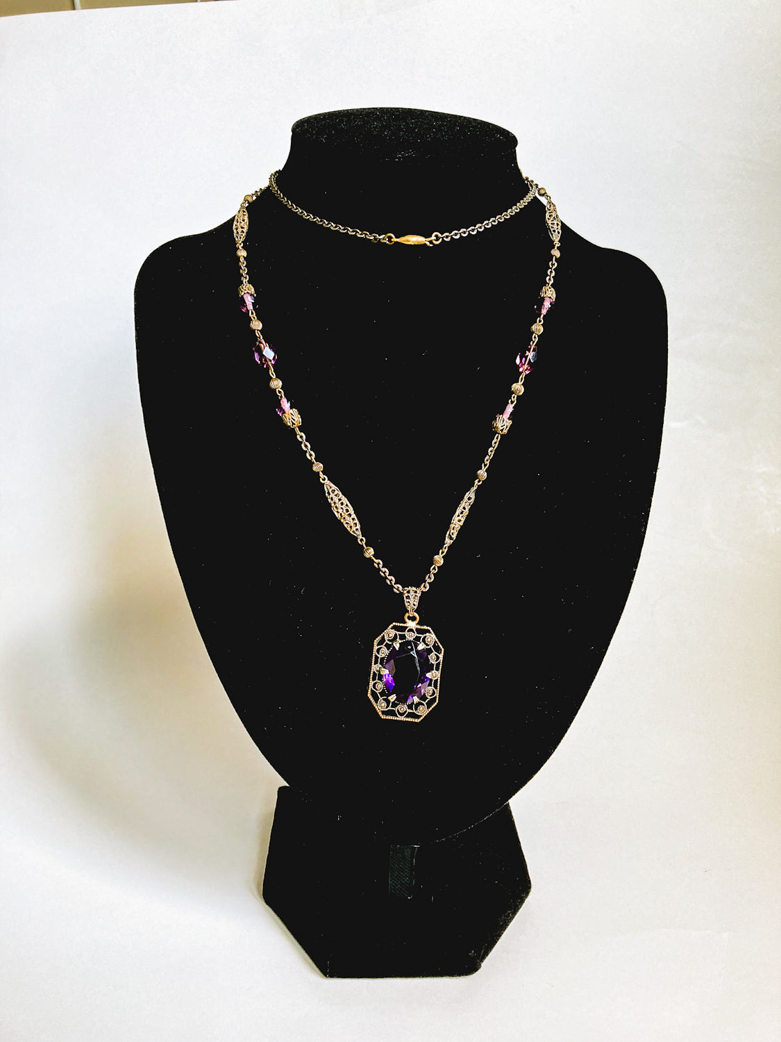 Antique Art Deco Purple Faux Amethyst Filigree Pendant Necklace