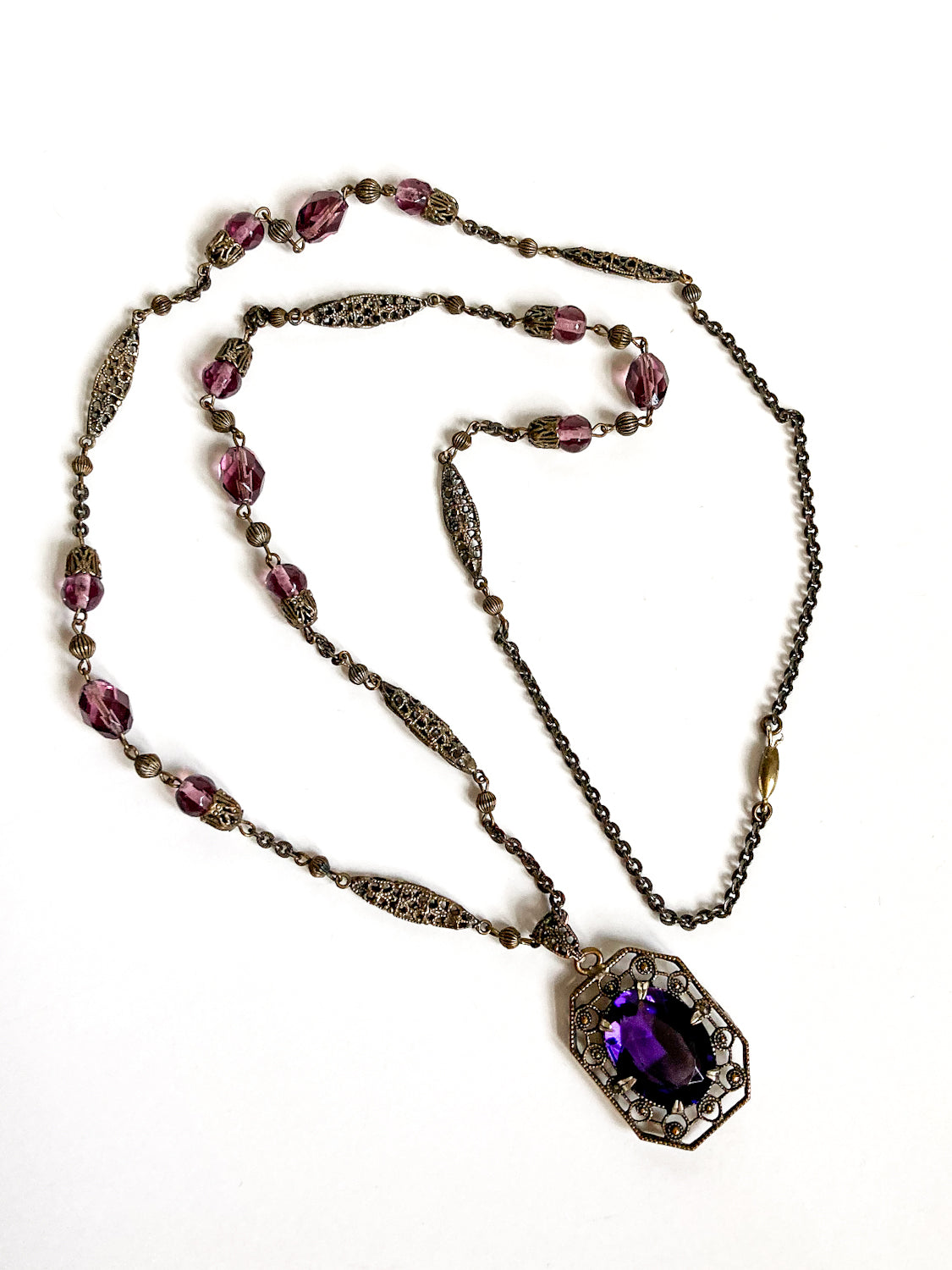 Antique Art Deco Purple Faux Amethyst Filigree Pendant Necklace