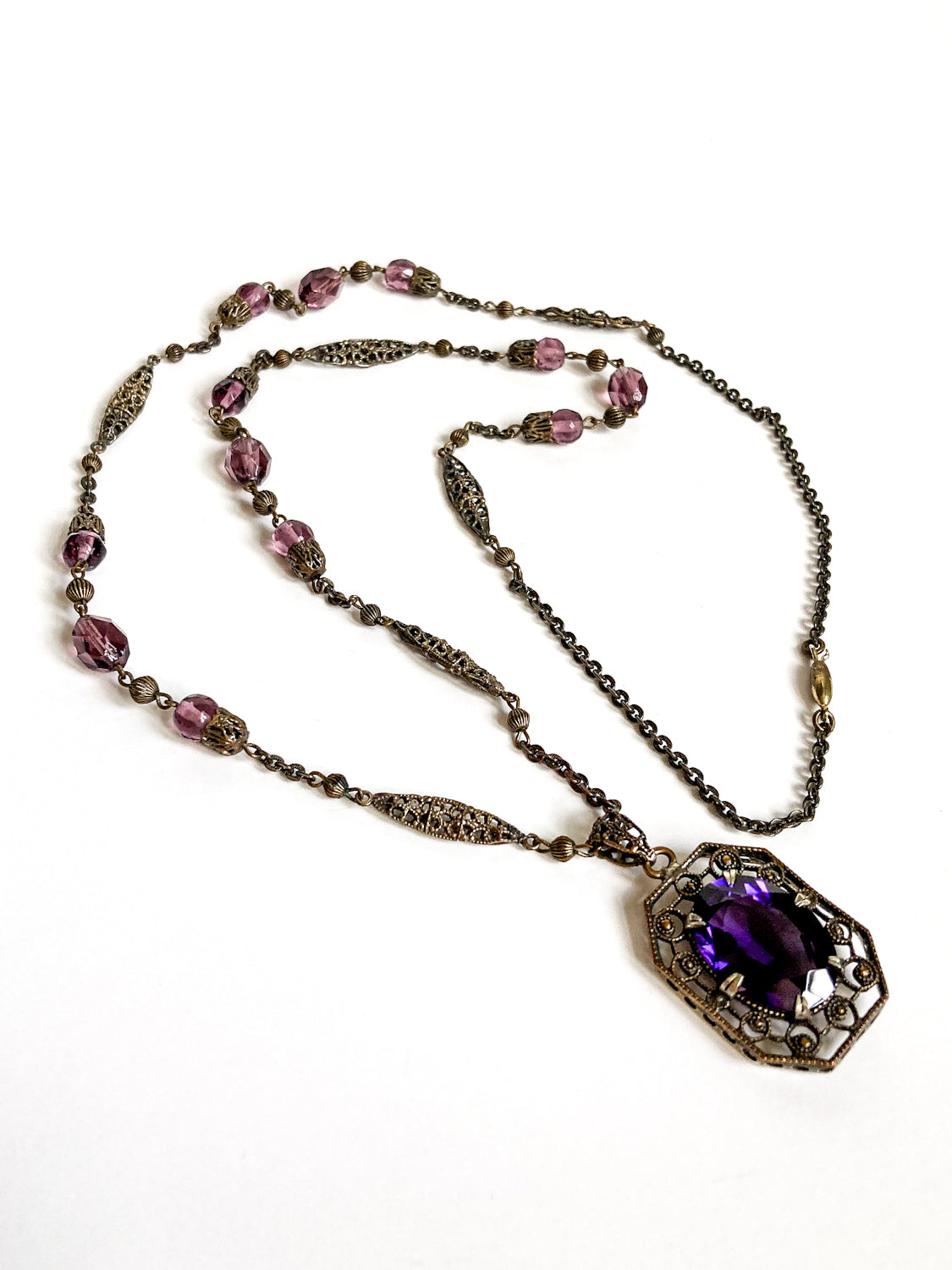 Antique Art Deco Purple Faux Amethyst Filigree Pendant Necklace