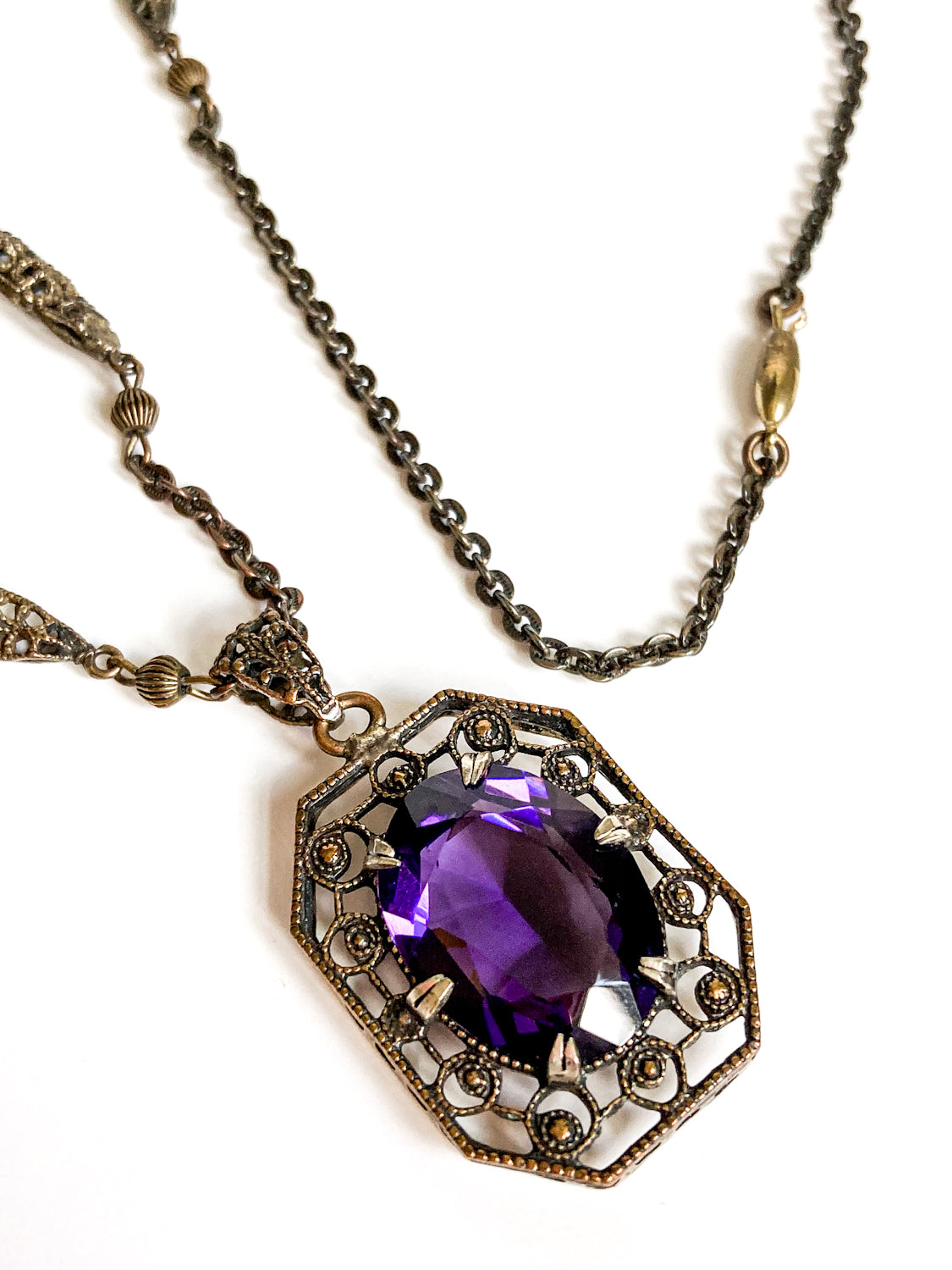 Antique Art Deco Purple Faux Amethyst Filigree Pendant Necklace