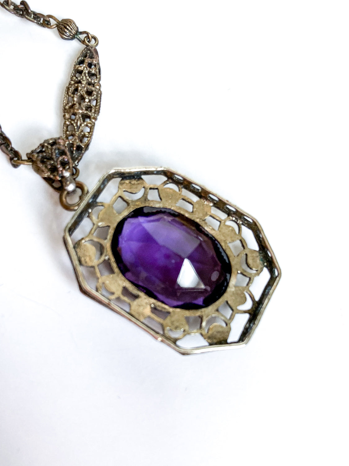 Antique Art Deco Purple Faux Amethyst Filigree Pendant Necklace