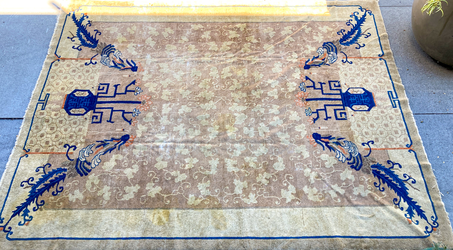 Antique 1910s Tan Blue Bird Art Deco Chinese 8x10ft Woven Wool Rug