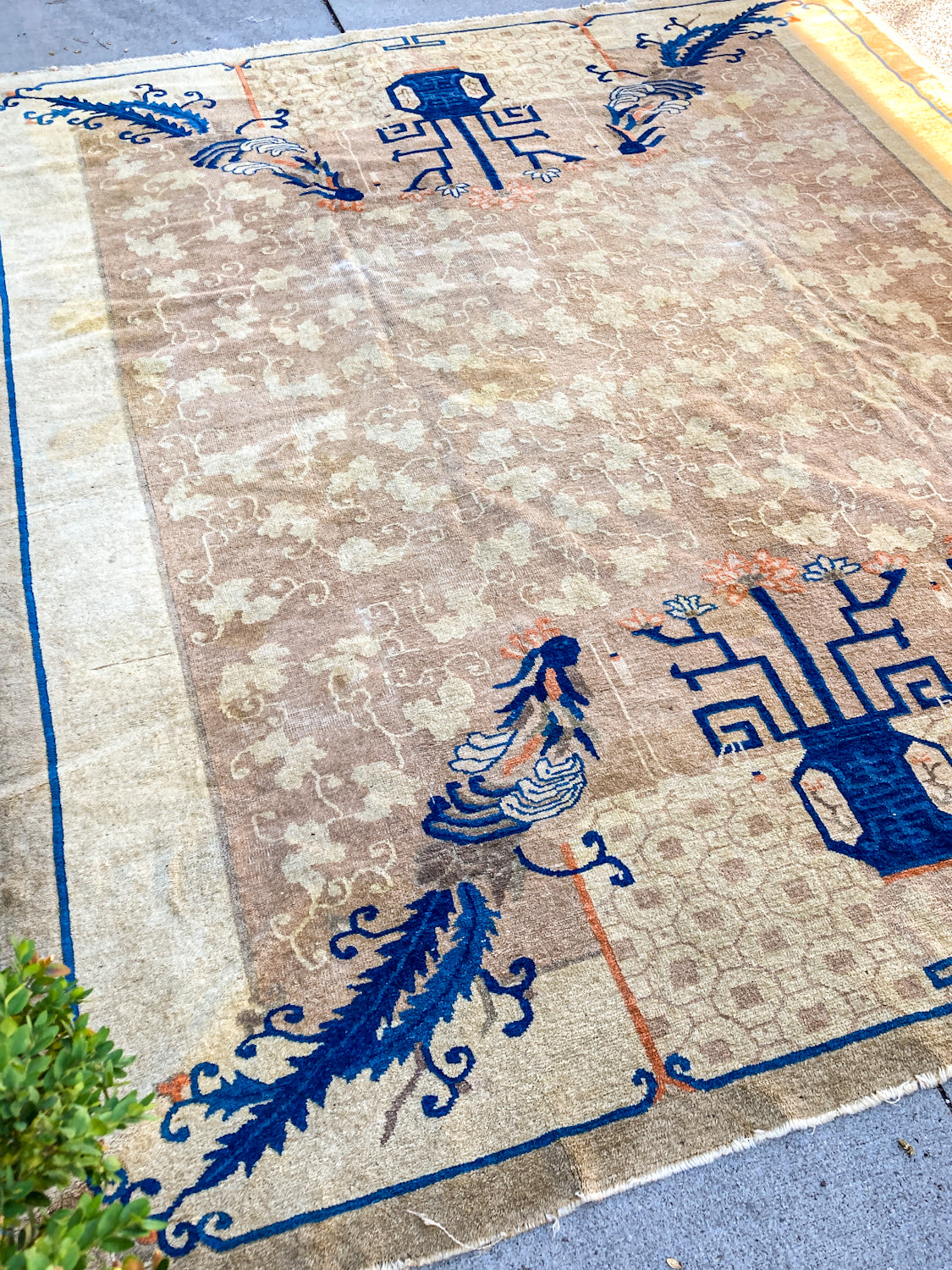 Antique 1910s Tan Blue Bird Art Deco Chinese 8x10ft Woven Wool Rug