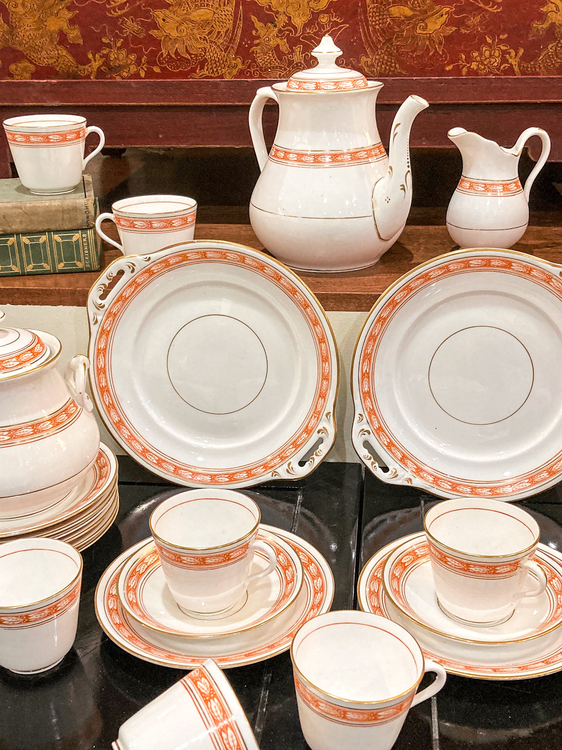 Antique French Porcelain White Red Dessert Coffee Pitcher Cups Plates Set