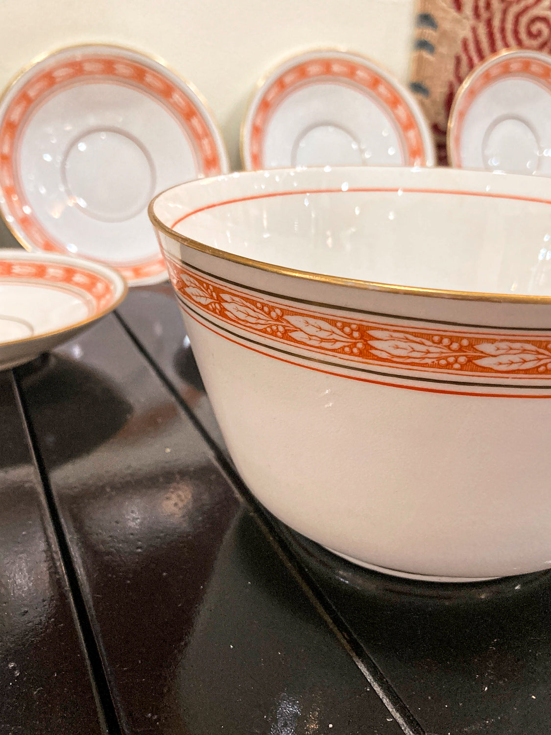 Antique French Porcelain White Red Dessert Coffee Pitcher Cups Plates Set