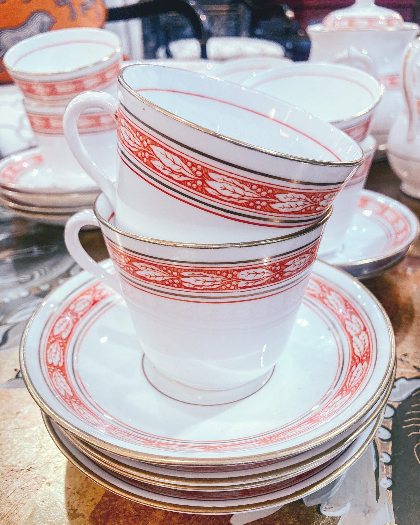 Antique French Porcelain White Red Dessert Coffee Pitcher Cups Plates Set