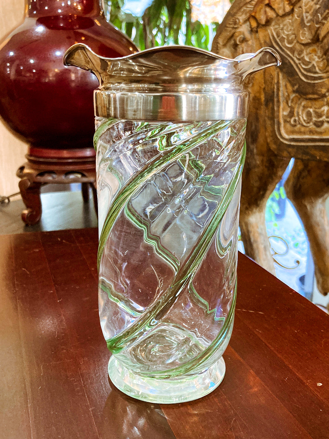 Antique 1908 English Handblown Green Swirl Sterling Silver Ruffle Rim Vase