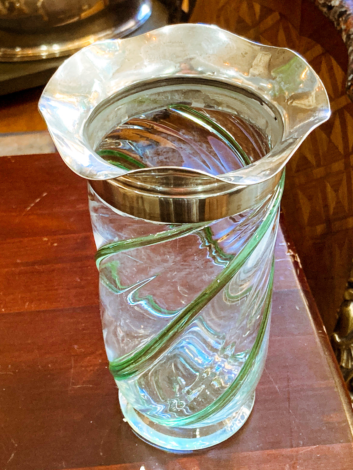 Antique 1908 English Handblown Green Swirl Sterling Silver Ruffle Rim Vase