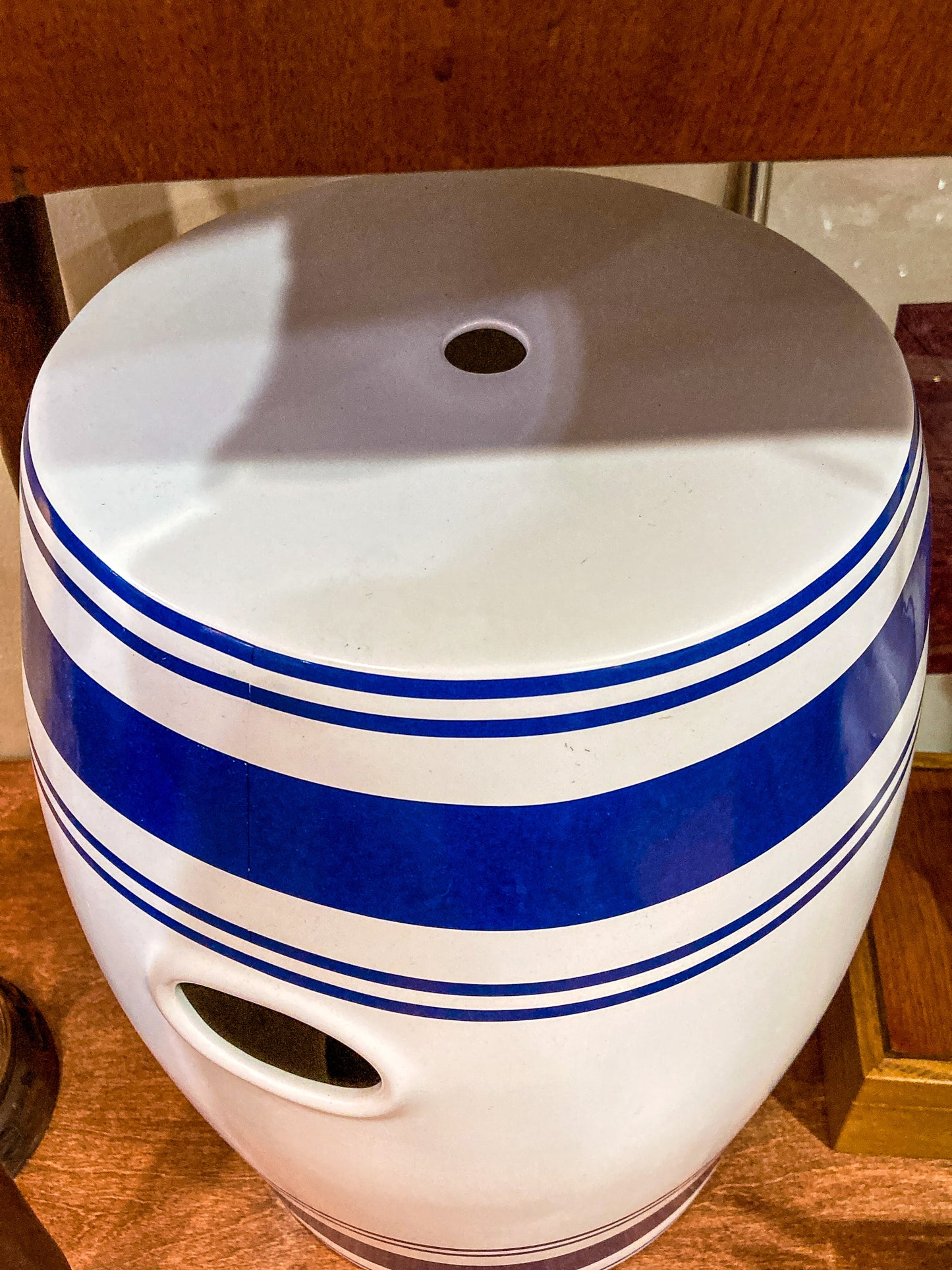 Antique Inspired Port 68 Navy White Striped Bar Canister Ceramic Garden Stool