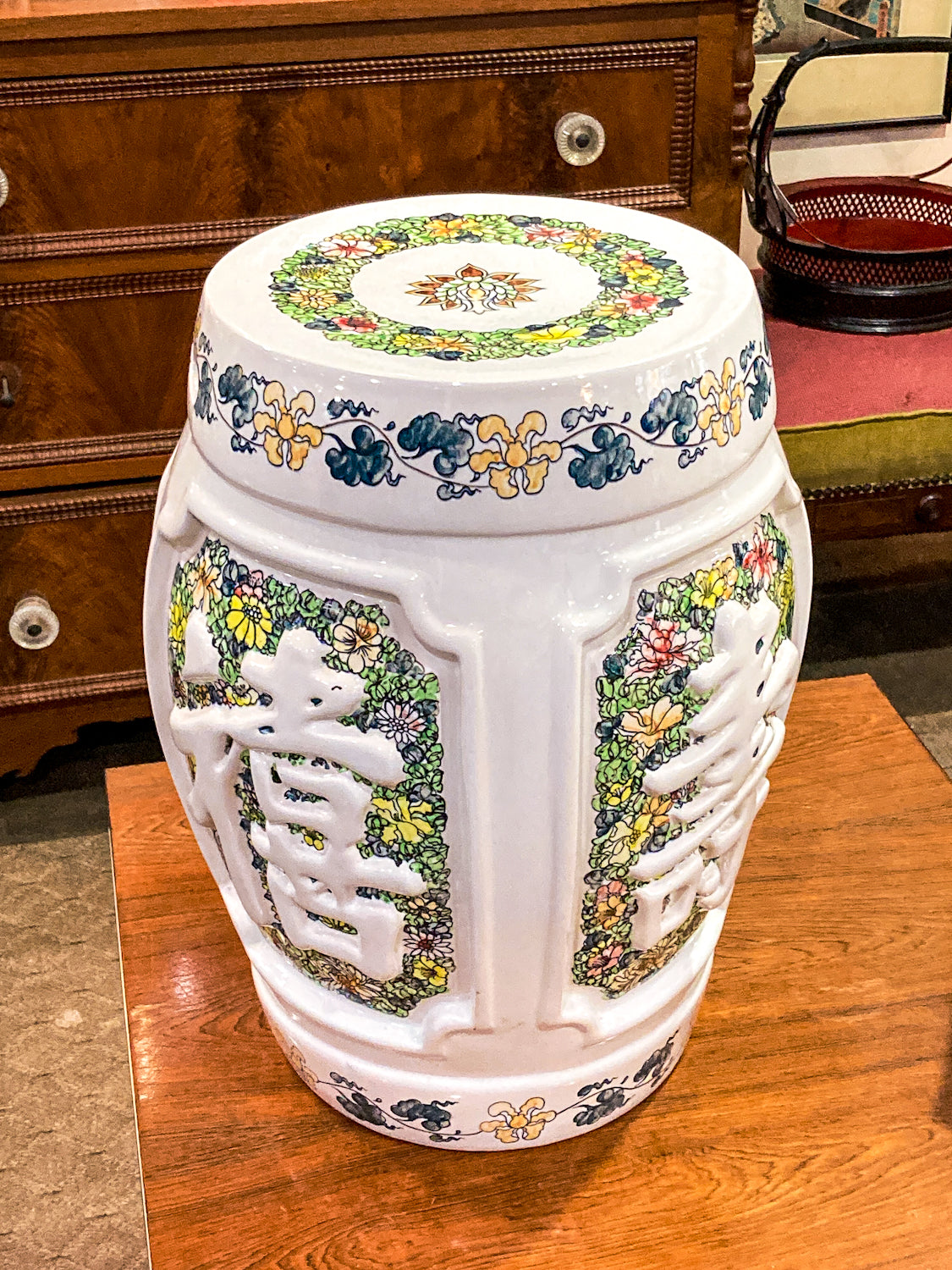 Antique Inspired Vintage Polychrome Floral Ceramic Chinese Garden Stool