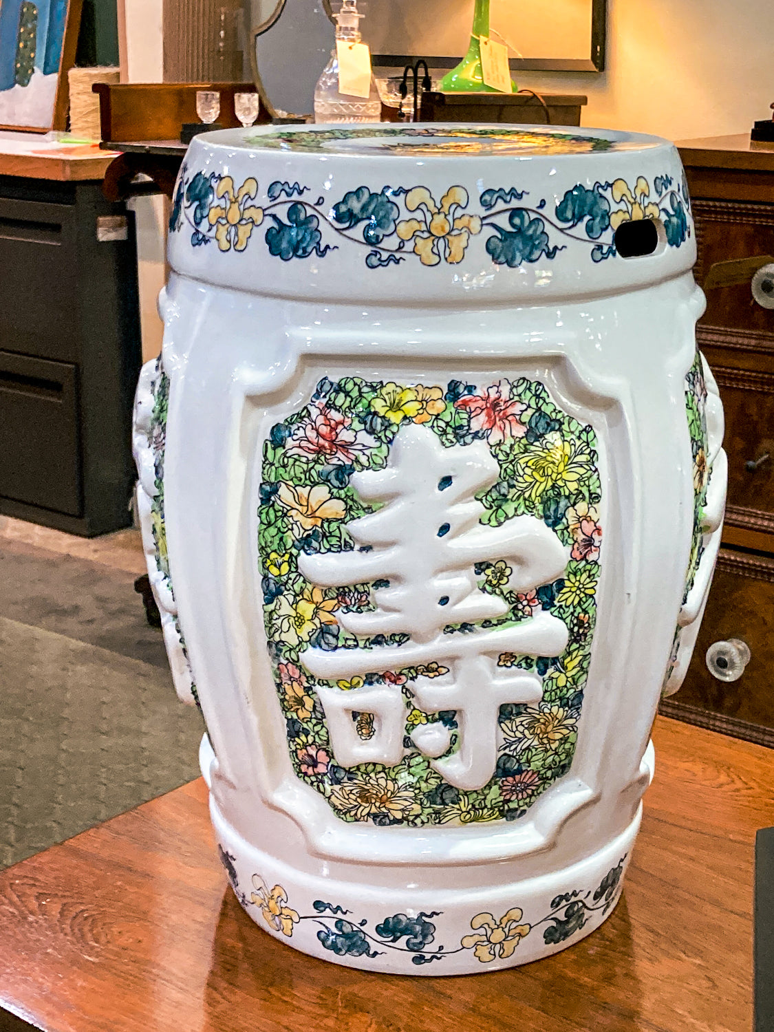 Antique Inspired Vintage Polychrome Floral Ceramic Chinese Garden Stool