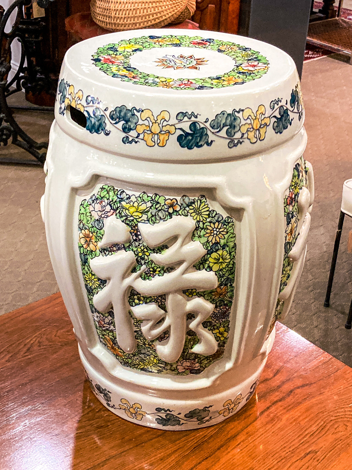 Antique Inspired Vintage Polychrome Floral Ceramic Chinese Garden Stool