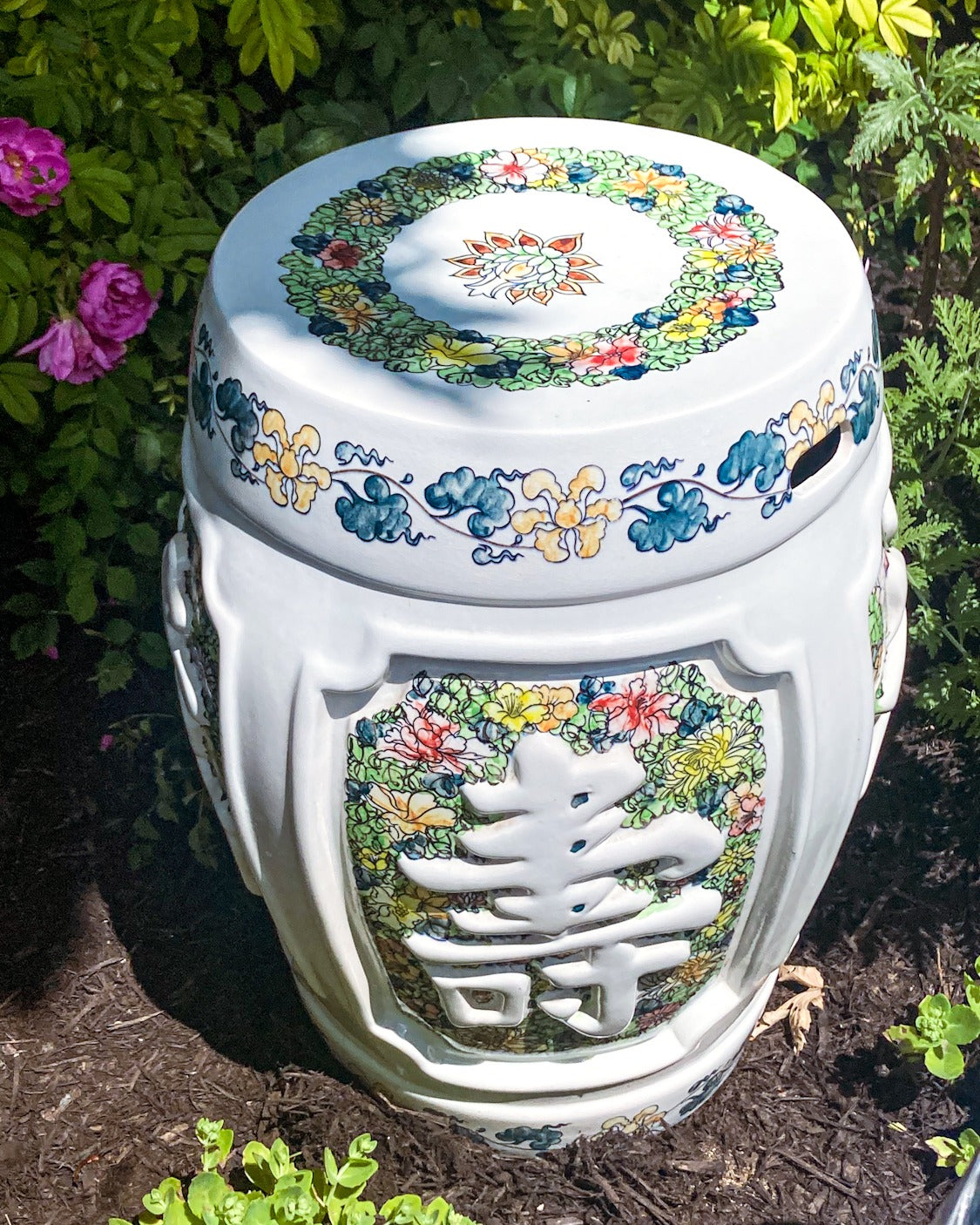 Antique Inspired Vintage Polychrome Floral Ceramic Chinese Garden Stool