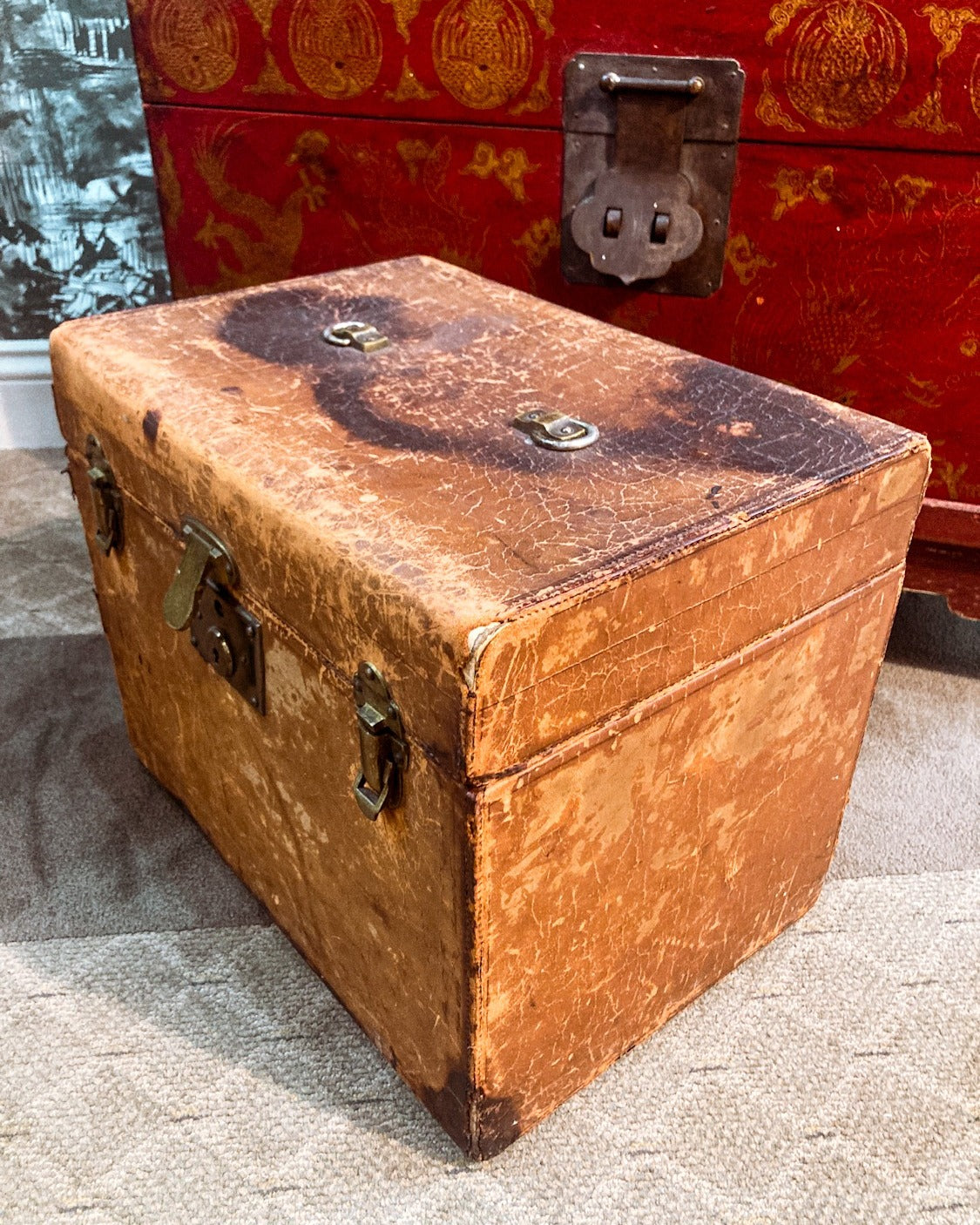 Antique Edwardian Leather Red Lined Carrying Travel Luggage Hat Box