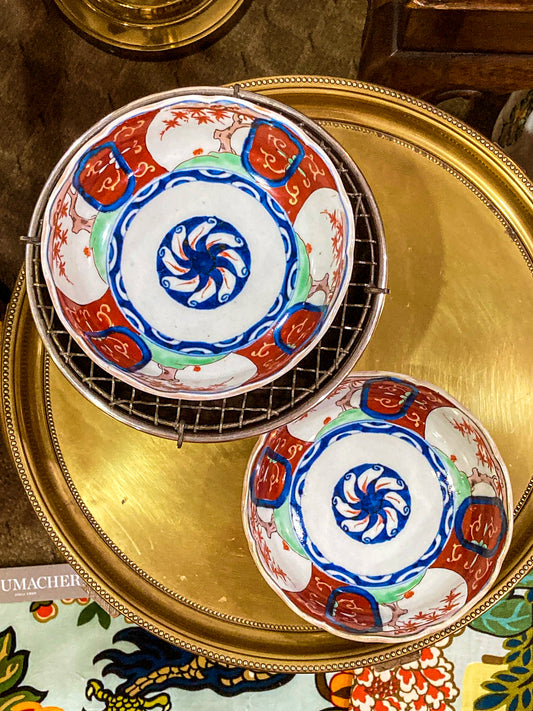 Pair Antique Japanese Meiji Period Fox Theme Red Blue Imari Porcelain Bowls