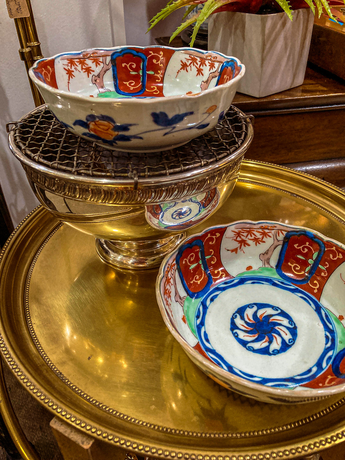 Pair Antique Japanese Meiji Period Fox Theme Red Blue Imari Porcelain Bowls