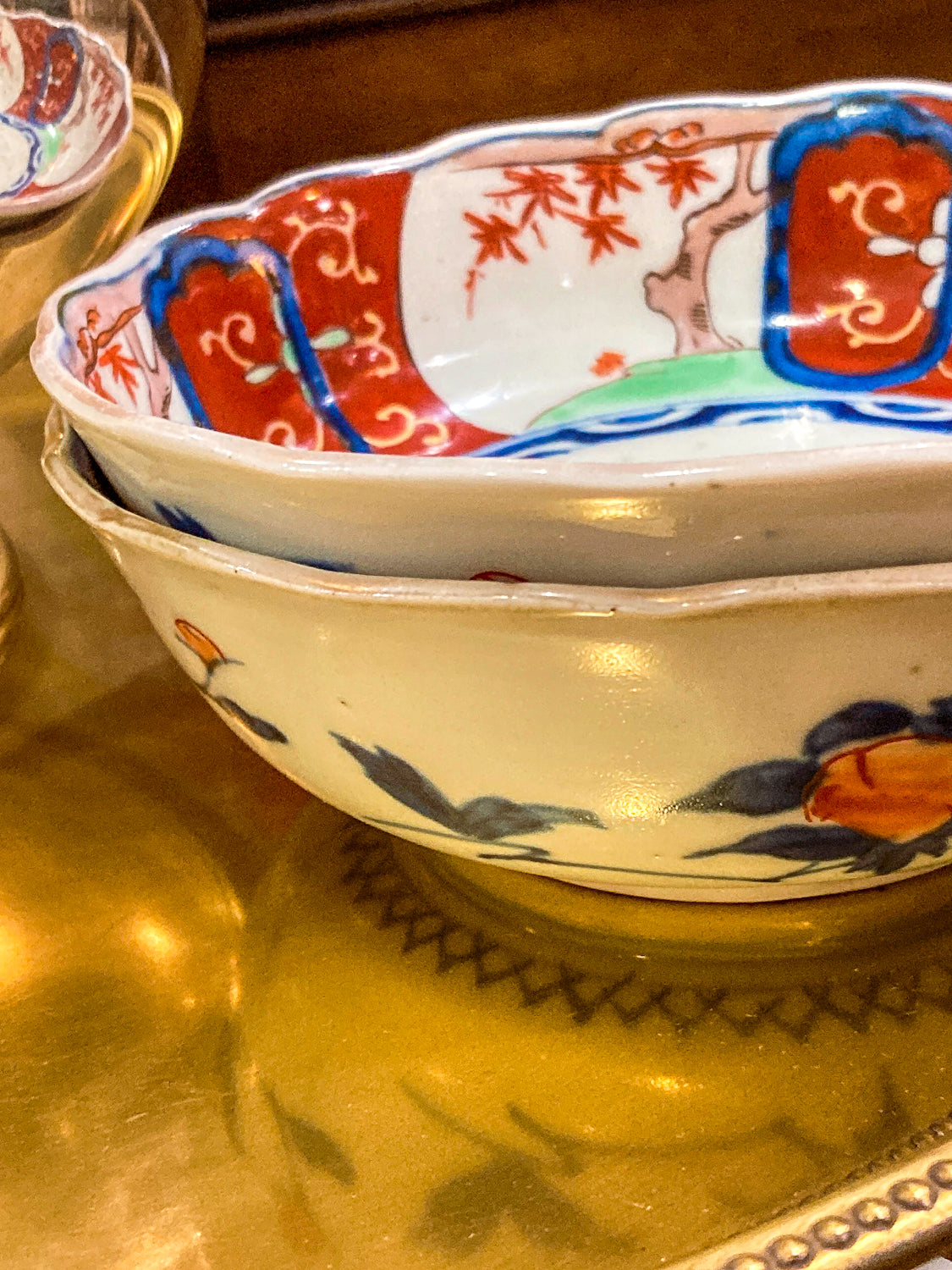 Pair Antique Japanese Meiji Period Fox Theme Red Blue Imari Porcelain Bowls