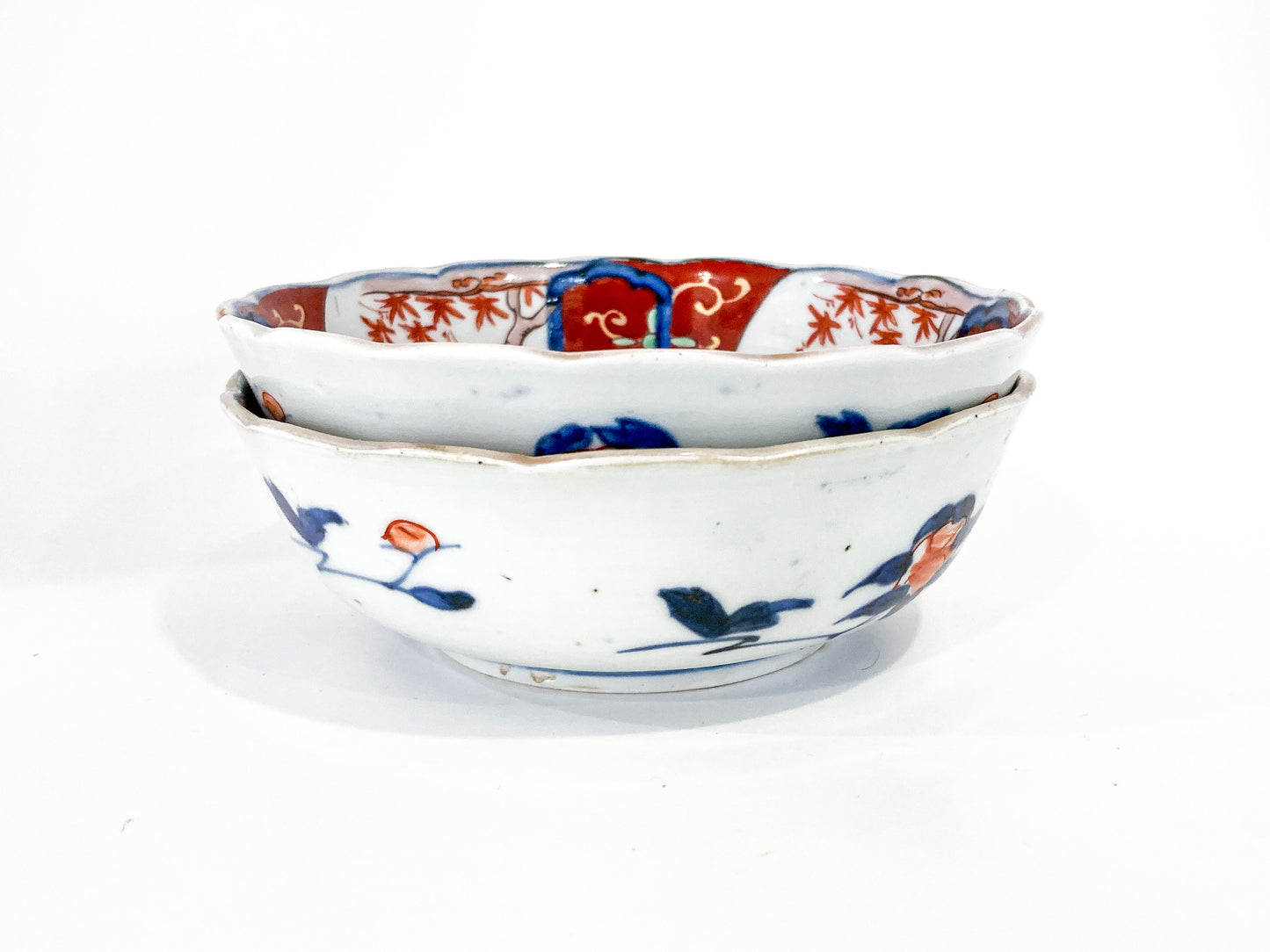 Pair Antique Japanese Meiji Period Fox Theme Red Blue Imari Porcelain Bowls