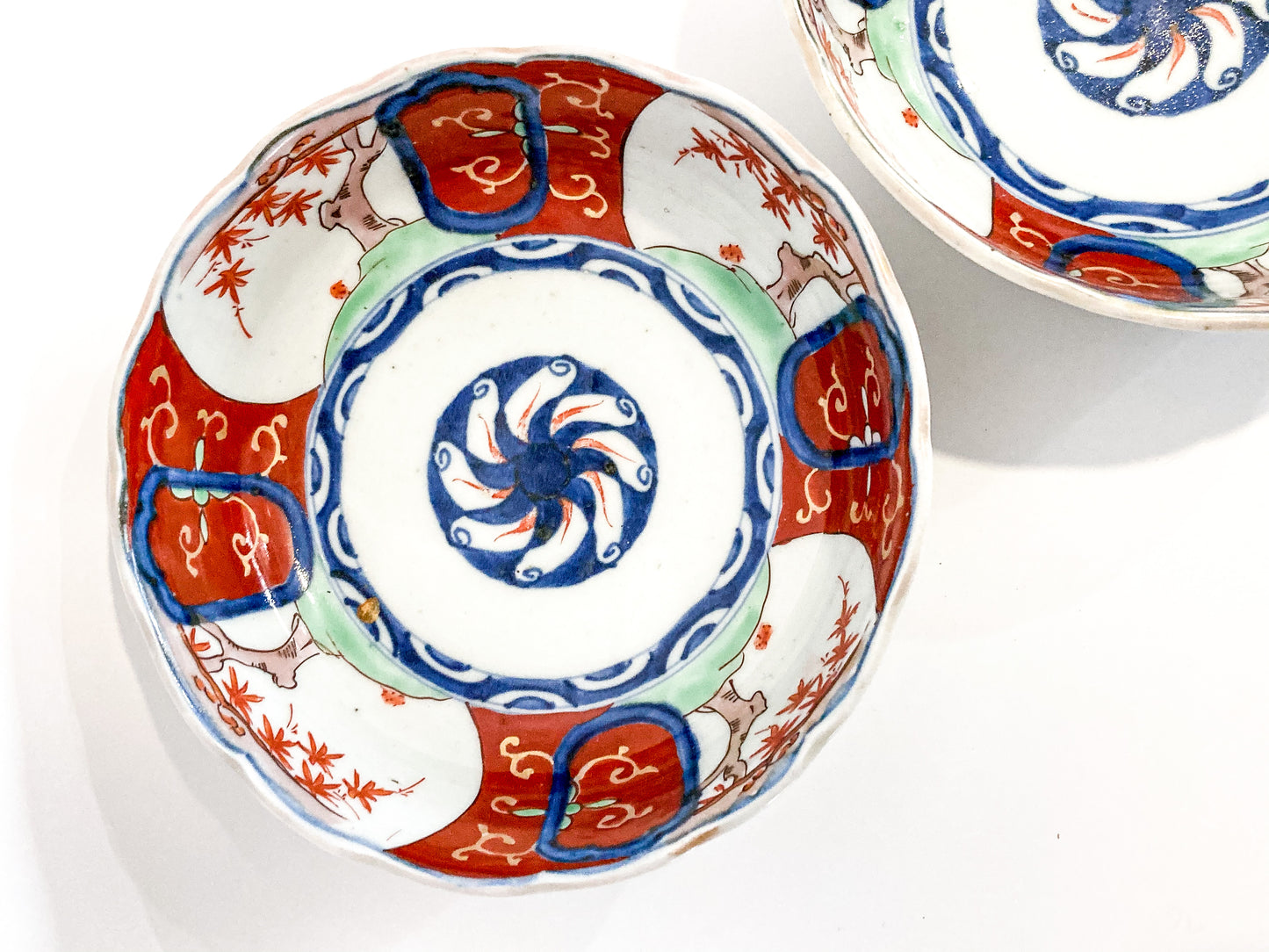 Pair Antique Japanese Meiji Period Fox Theme Red Blue Imari Porcelain Bowls