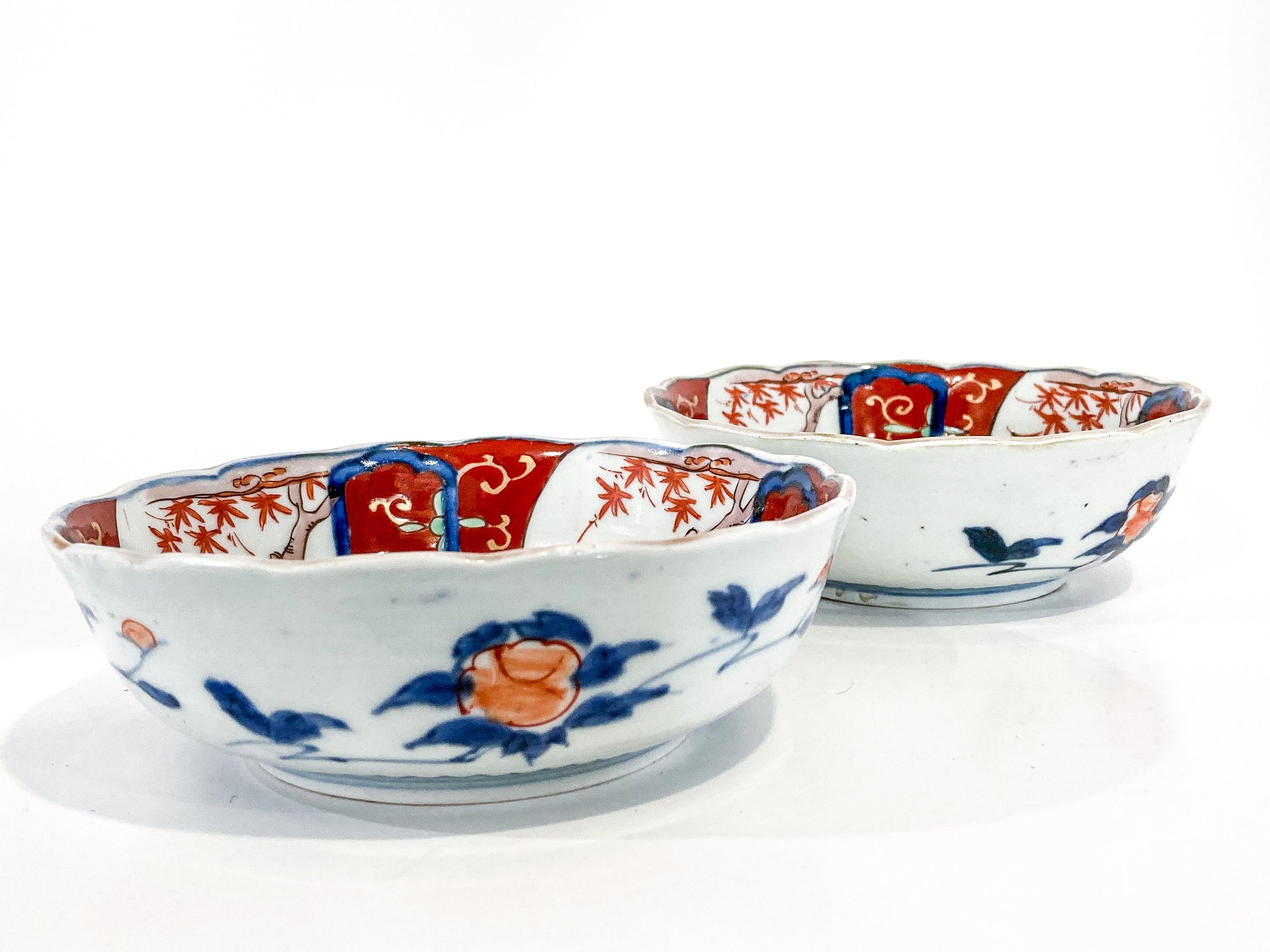 Pair Antique Japanese Meiji Period Fox Theme Red Blue Imari Porcelain Bowls