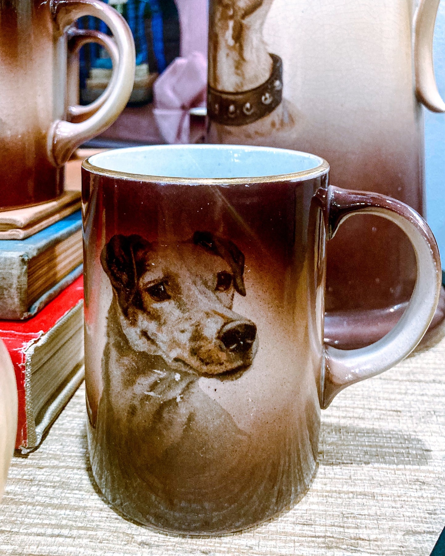 Antique Various Dog Portrait Dresden Transferware Six Mug Pitcher Cider Set