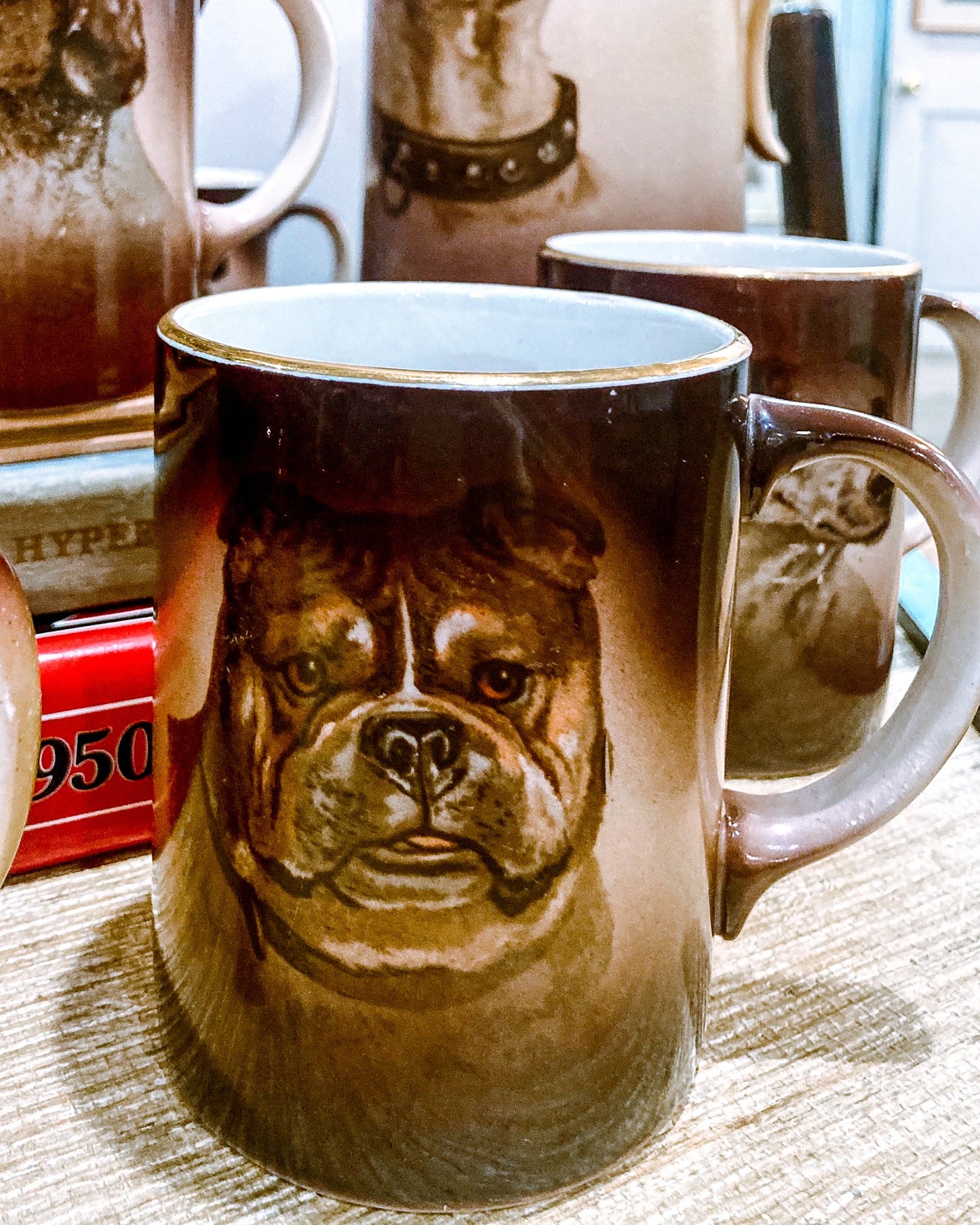 Antique Various Dog Portrait Dresden Transferware Six Mug Pitcher Cider Set