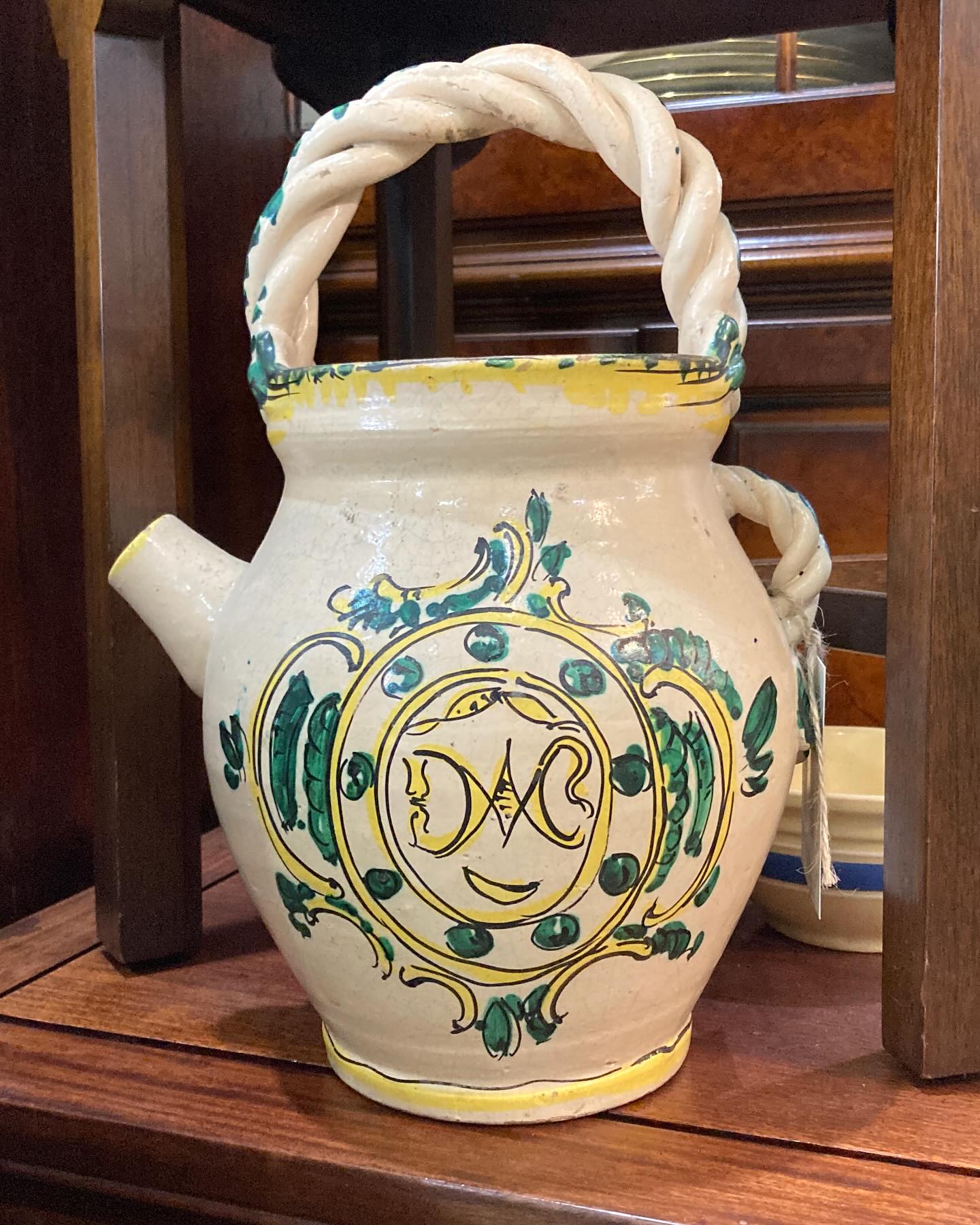 Antique Talavera Hand Painted Green Yellow Ceramic Olive Oil Water Jug