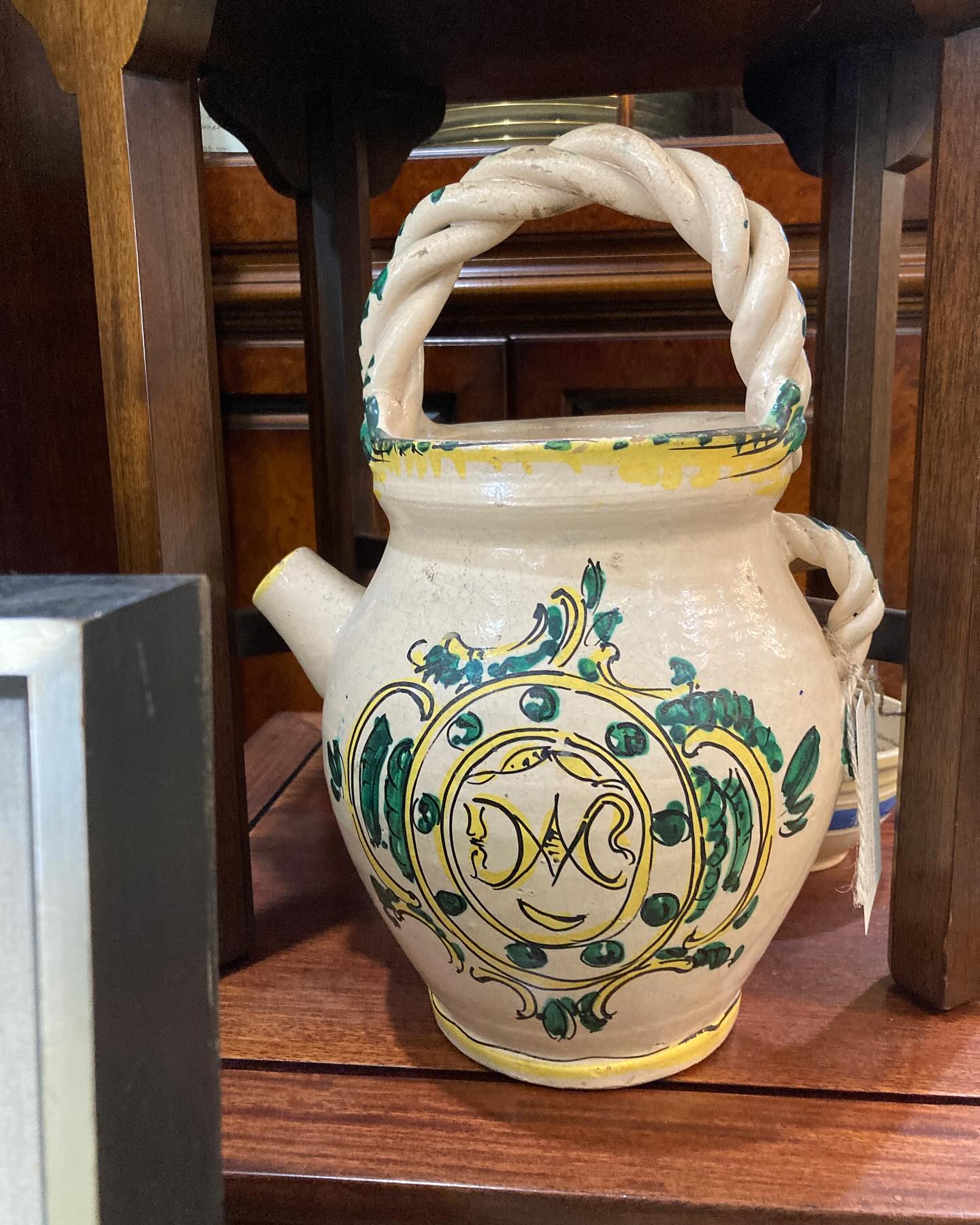 Antique Talavera Hand Painted Green Yellow Ceramic Olive Oil Water Jug