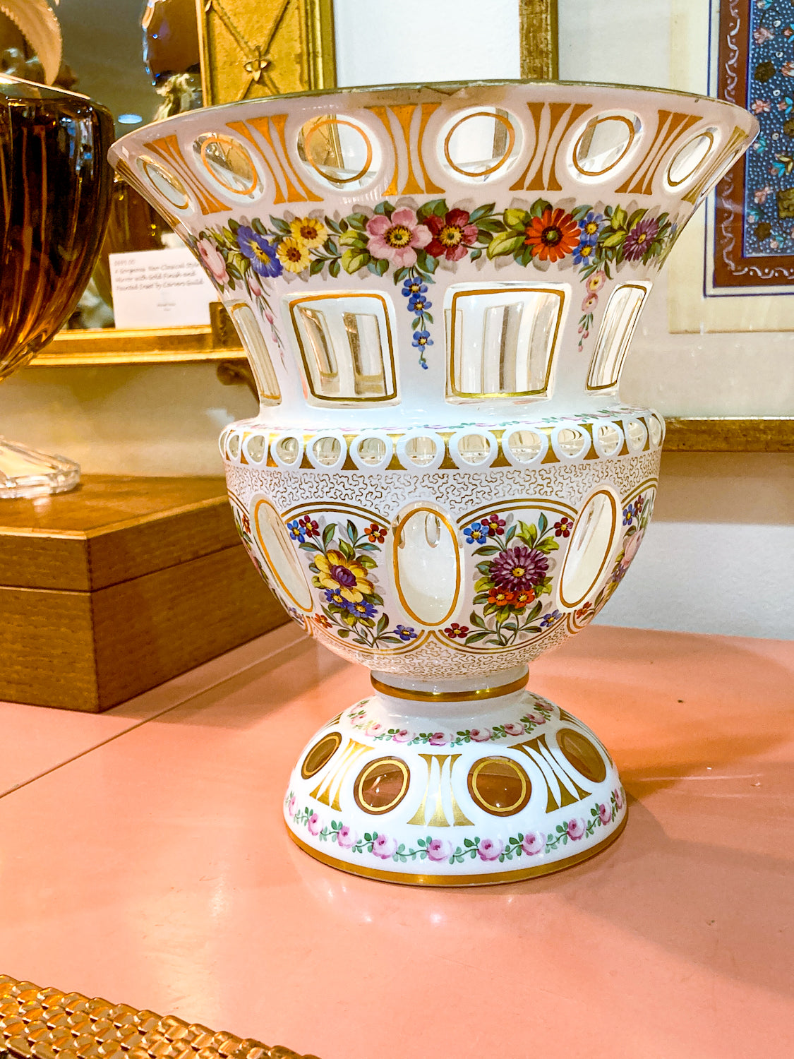 Antique White Cut-to-Clear Floral Enameled Bohemian Glass Footed Vase