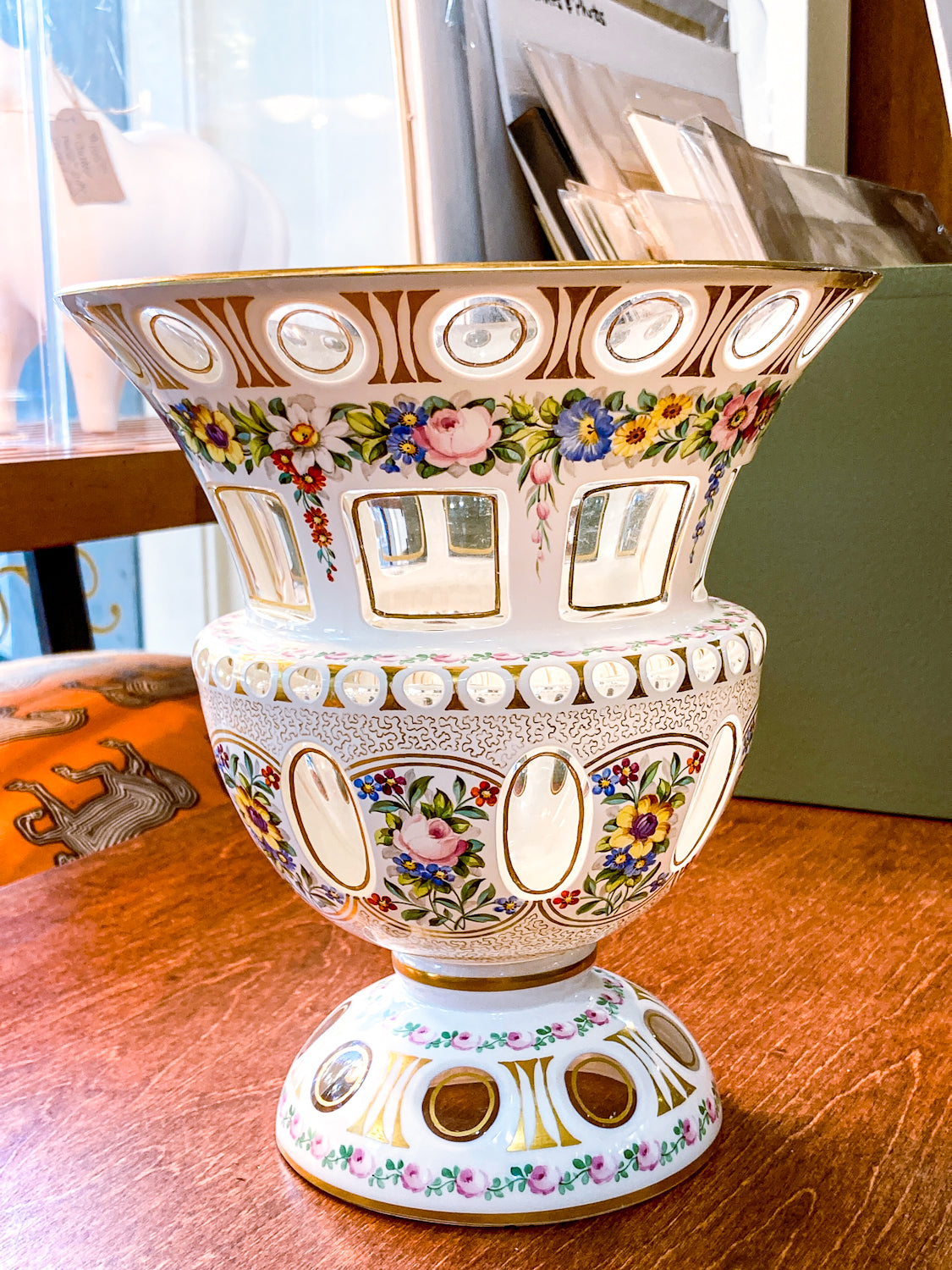 Antique White Cut-to-Clear Floral Enameled Bohemian Glass Footed Vase