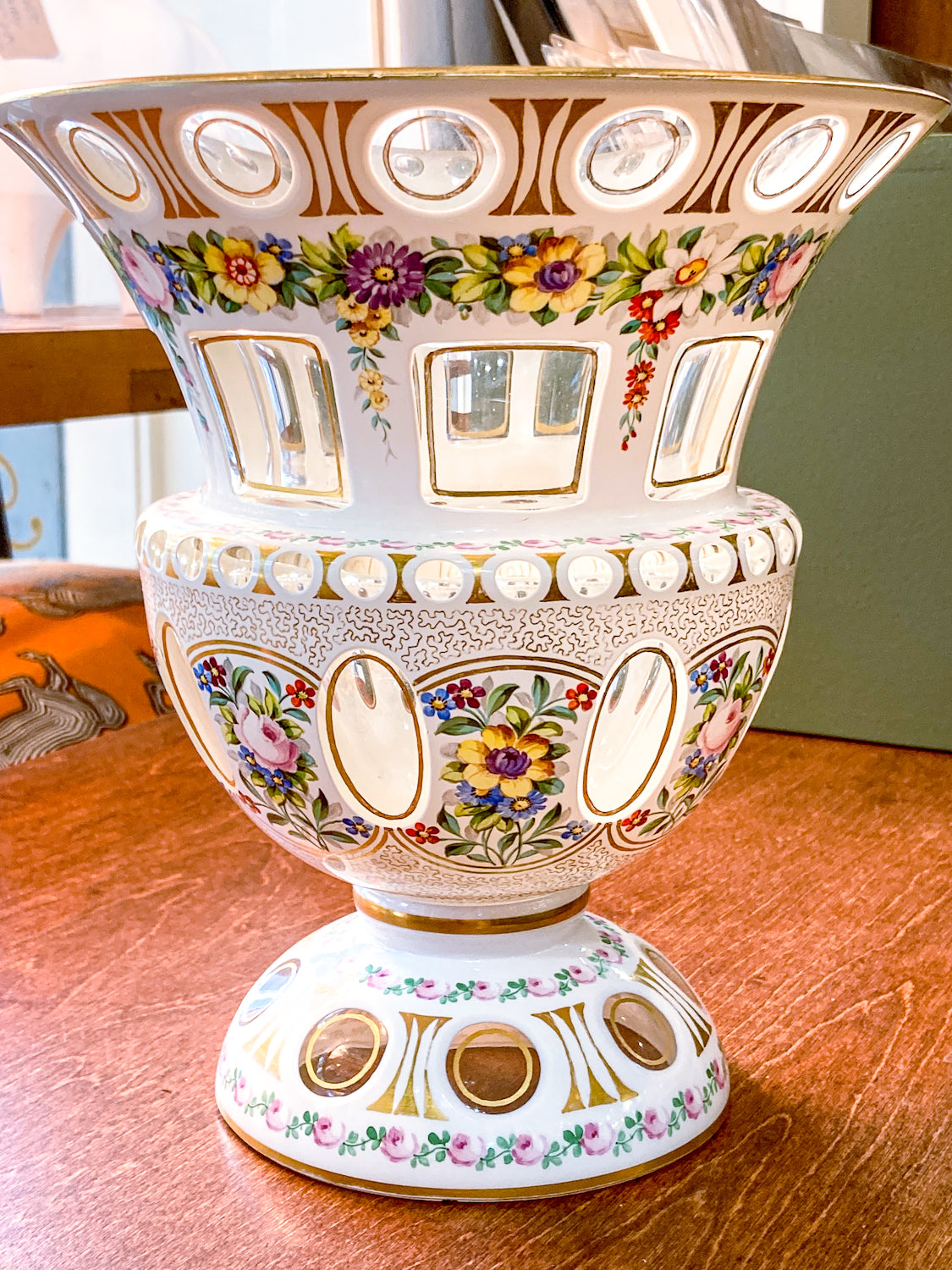 Antique White Cut-to-Clear Floral Enameled Bohemian Glass Footed Vase