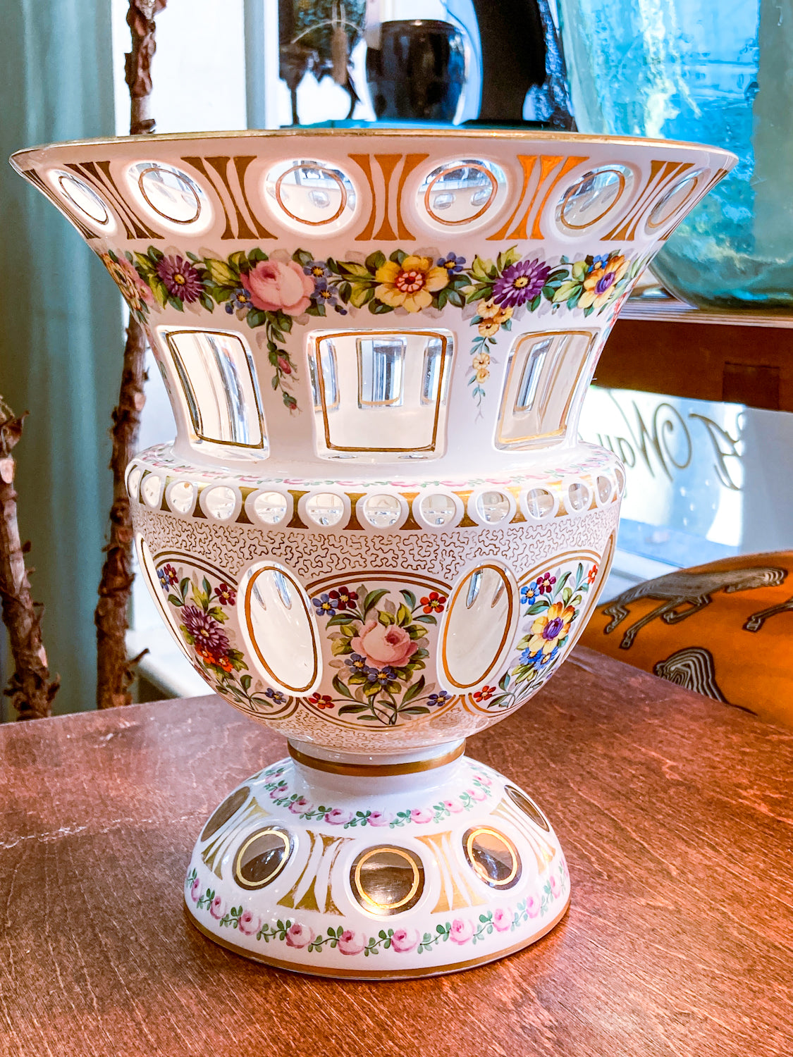 Antique White Cut-to-Clear Floral Enameled Bohemian Glass Footed Vase