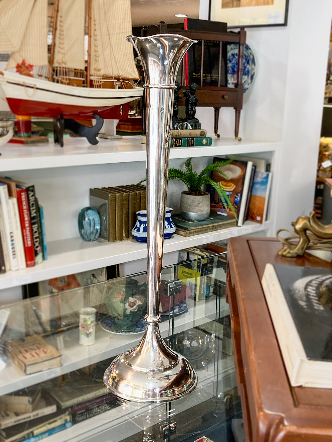 Antique William Nost Polished Sterling Silver Tall Flower Trumpet Vase