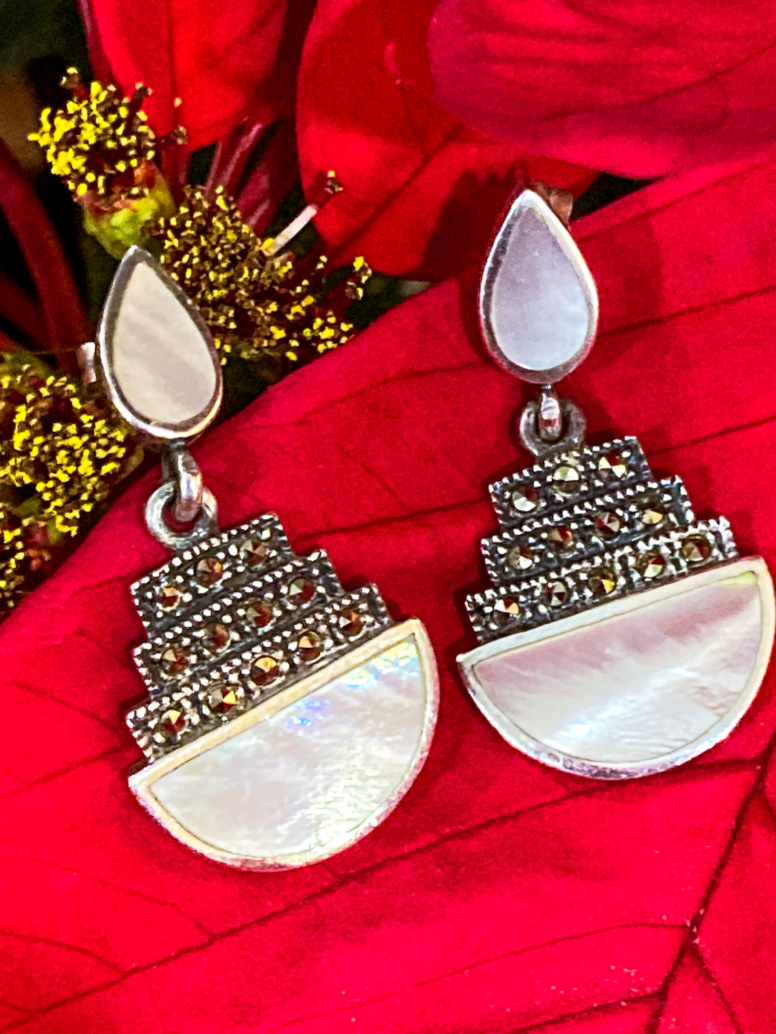 Art Deco Style Sterling Silver Marcasite Mother of Pearl Post Dangle Earrings