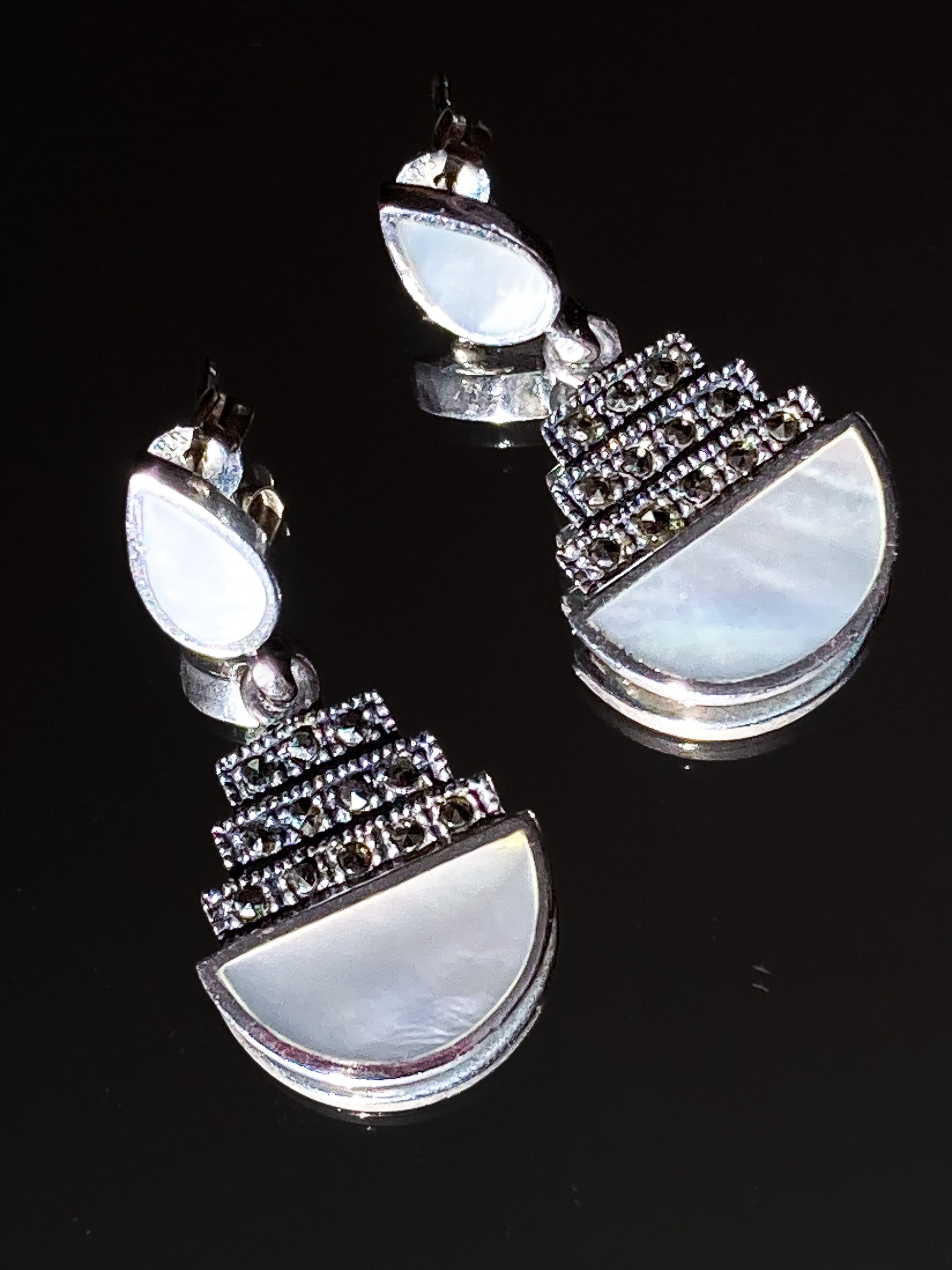 Art Deco Style Sterling Silver Marcasite Mother of Pearl Post Dangle Earrings