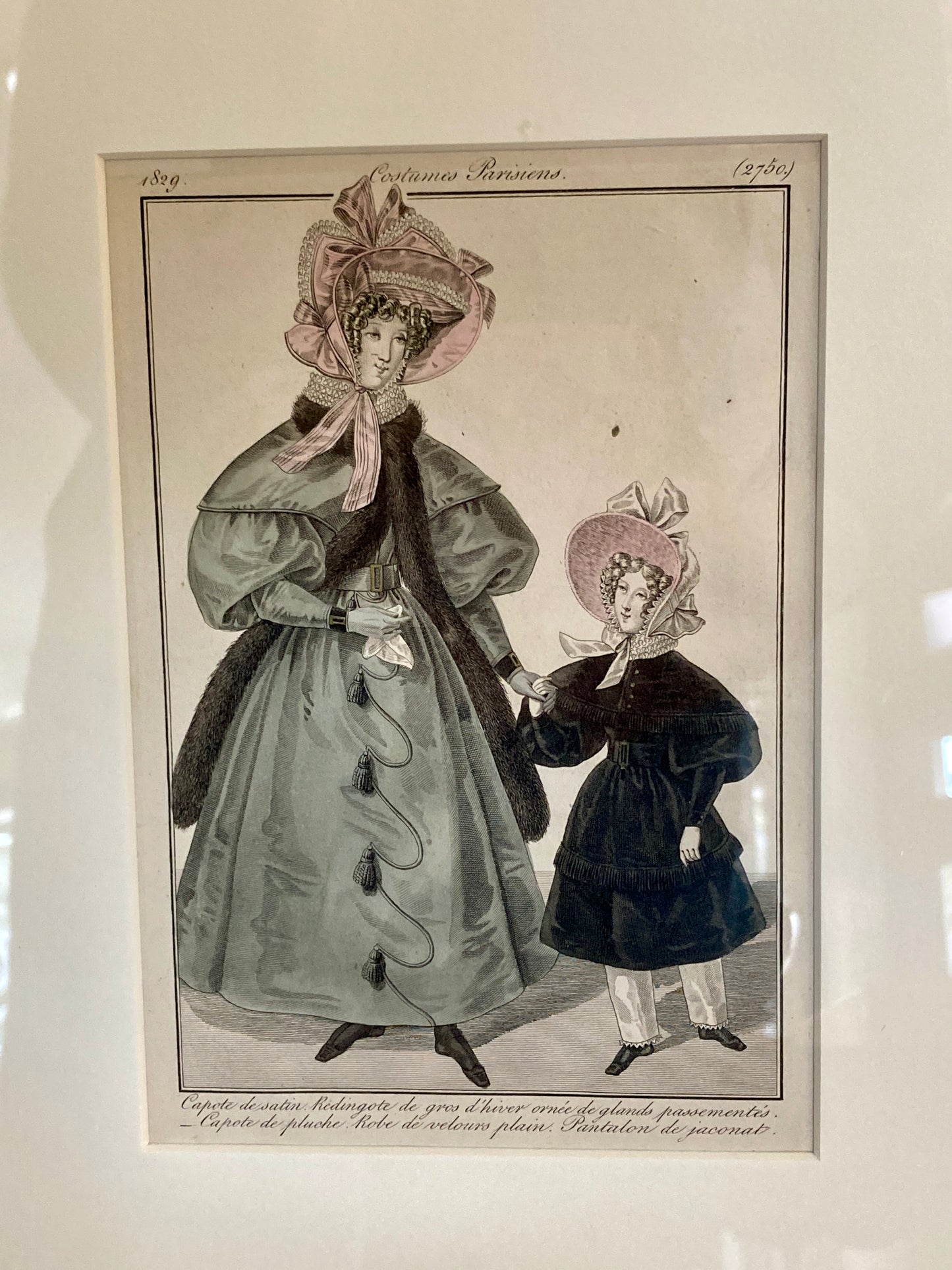 Framed Antique French 19th Century 1829 Parisian Fashion Plate Print