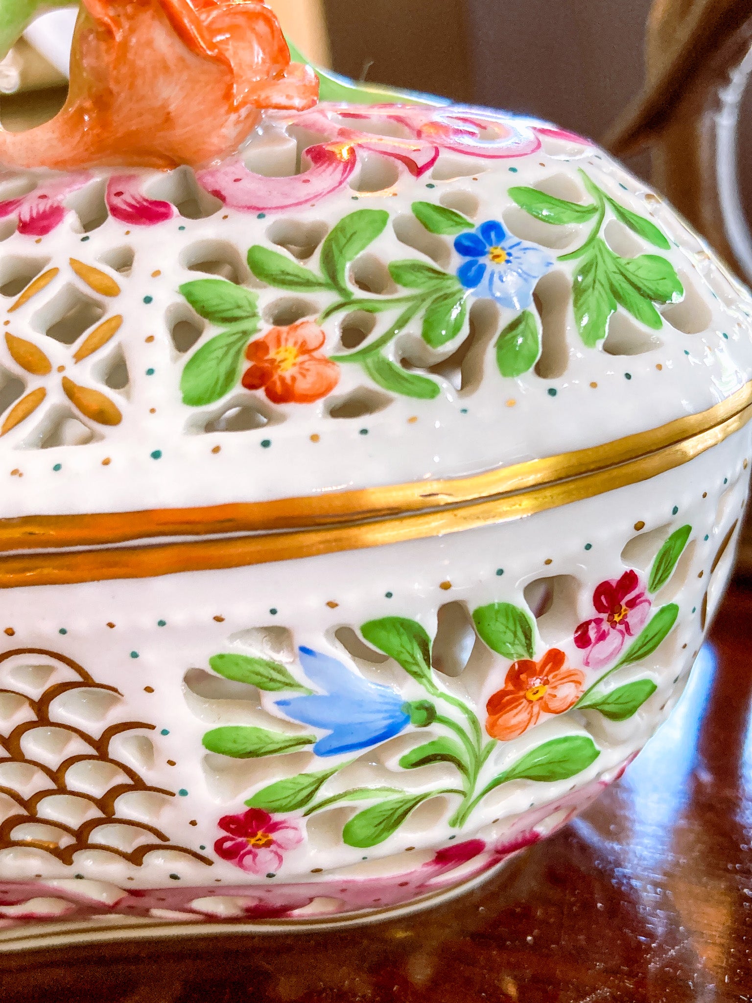 Herend Hand Painted Floral Lattice Reticulated Porcelain Rose Heart Box