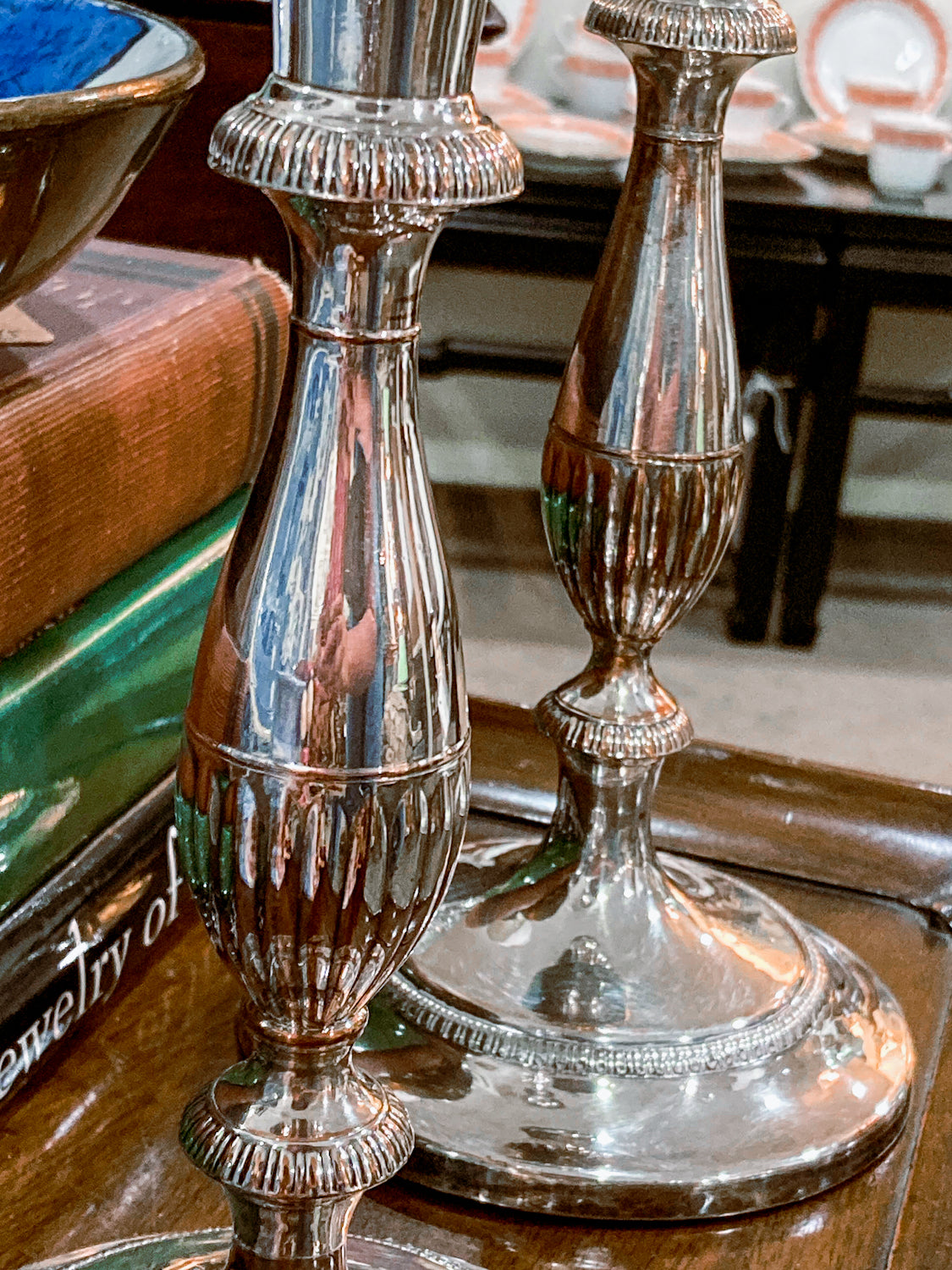 Pair 20th Century Georgian Style Silver-Plated Tall Weighted Candlesticks