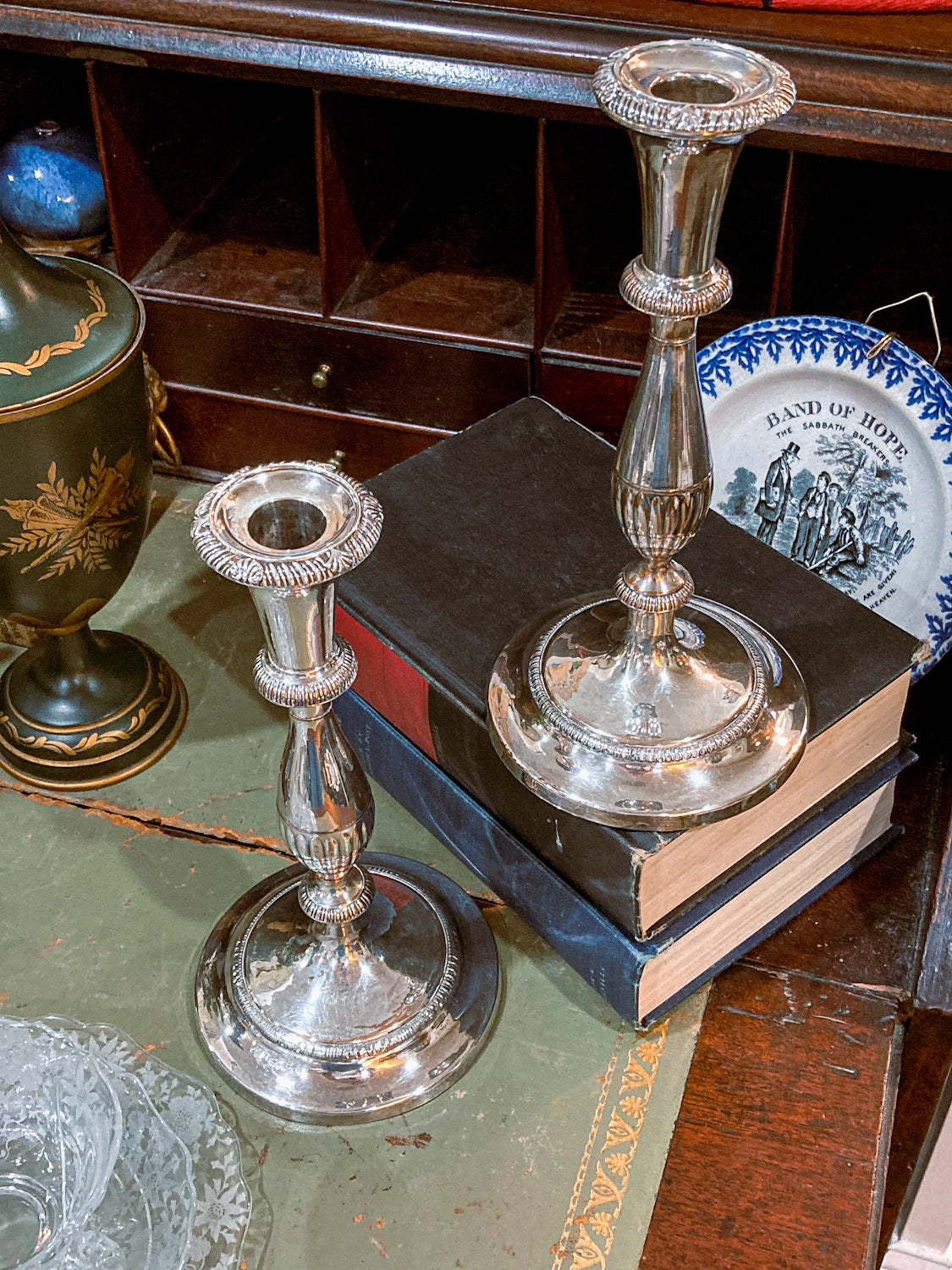 Pair 20th Century Georgian Style Silver-Plated Tall Weighted Candlesticks