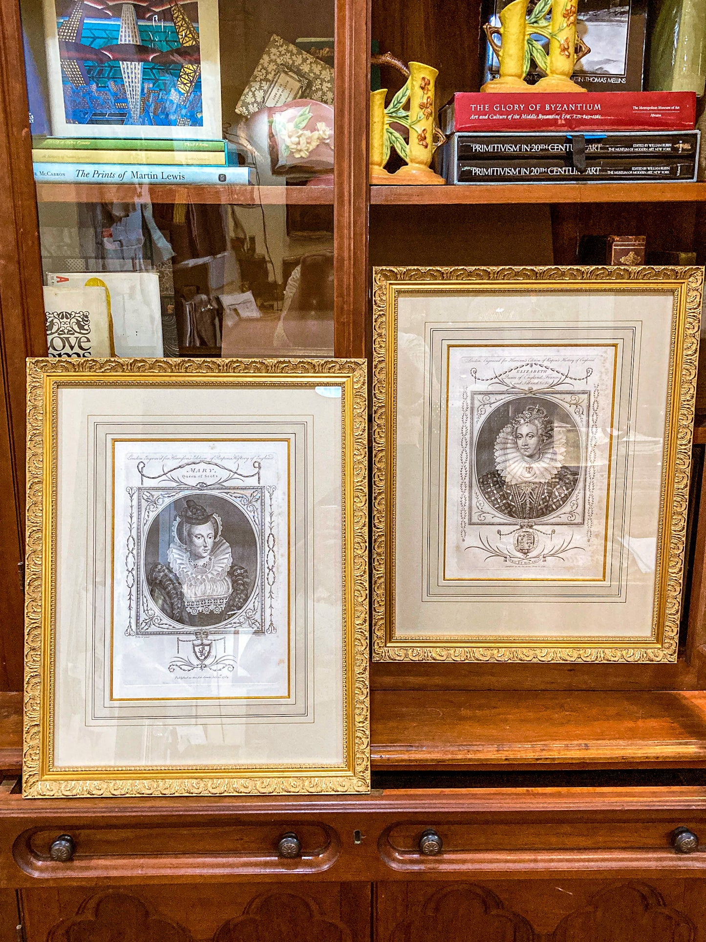 Pair Antique 18th Century Royal England Scotland Queen Framed Prints