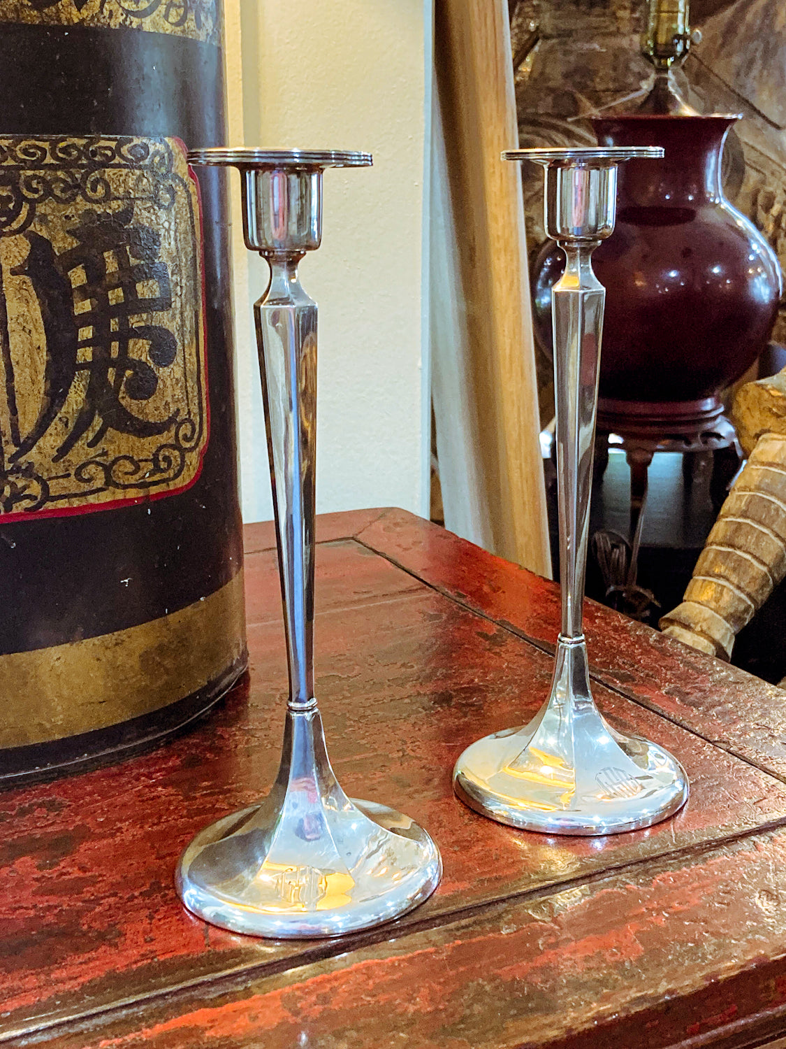 Pair Antique 20th Century Sterling Silver Tall Tapered Monogramed Candlesticks