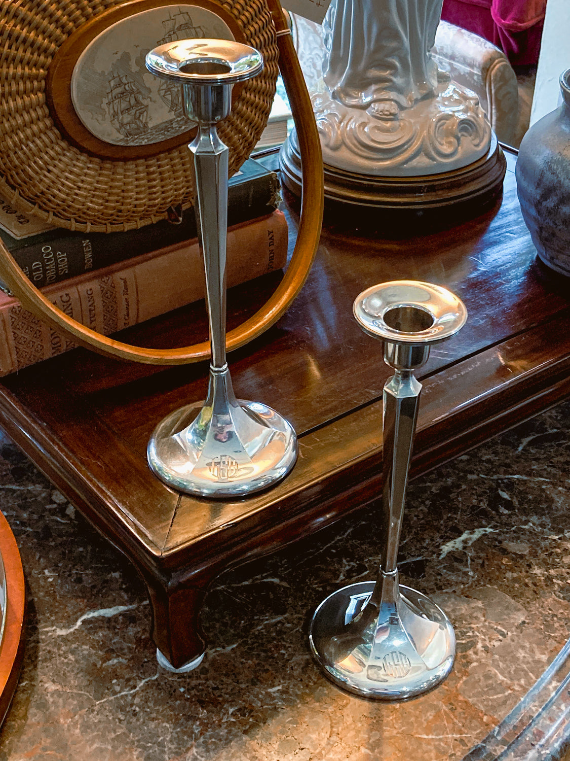 Pair Antique 20th Century Sterling Silver Tall Tapered Monogramed Candlesticks