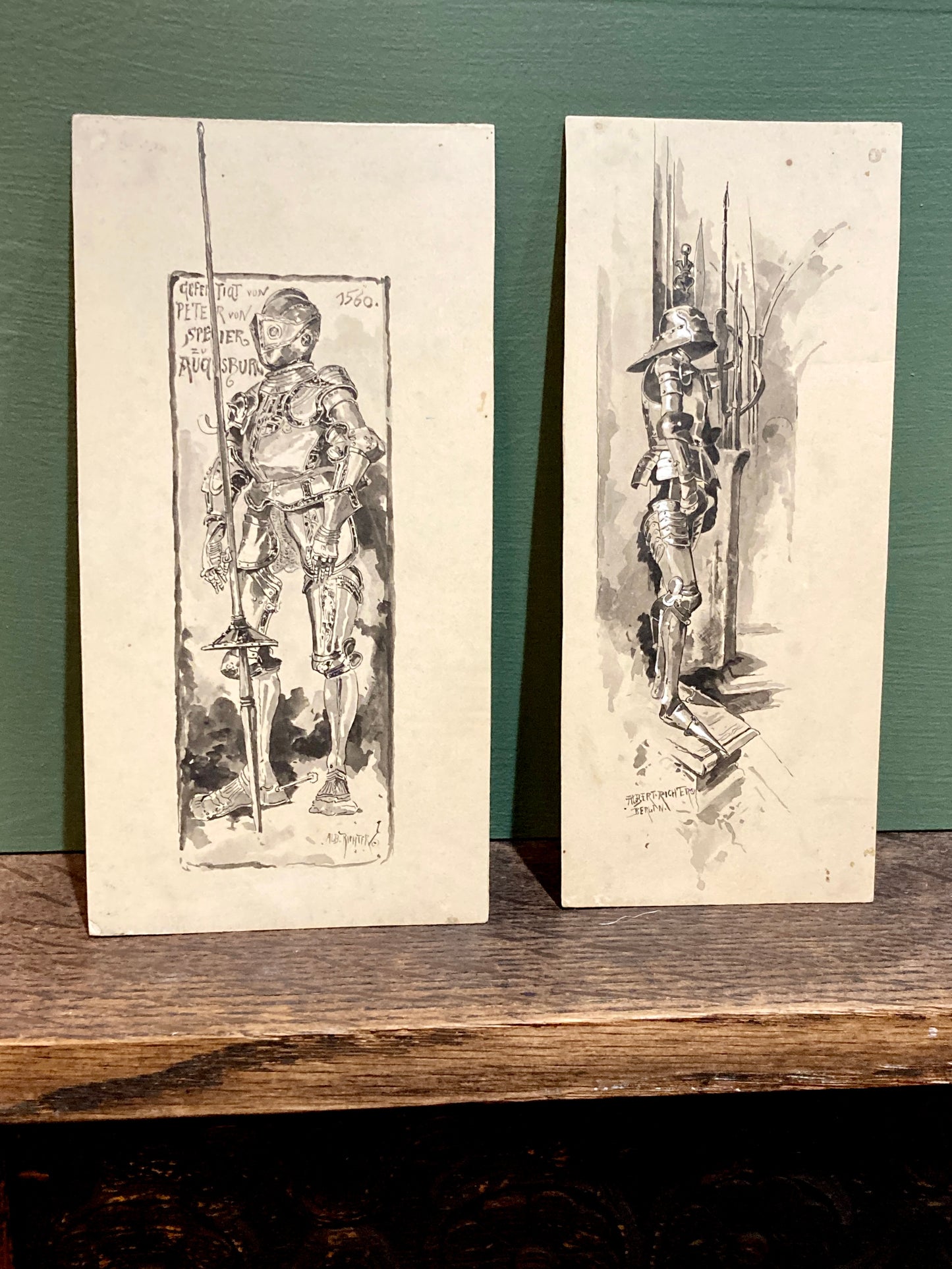 Pair Antique Albert Richter (1845 - 1898) Knight Armour Suit Fine Art Drawings