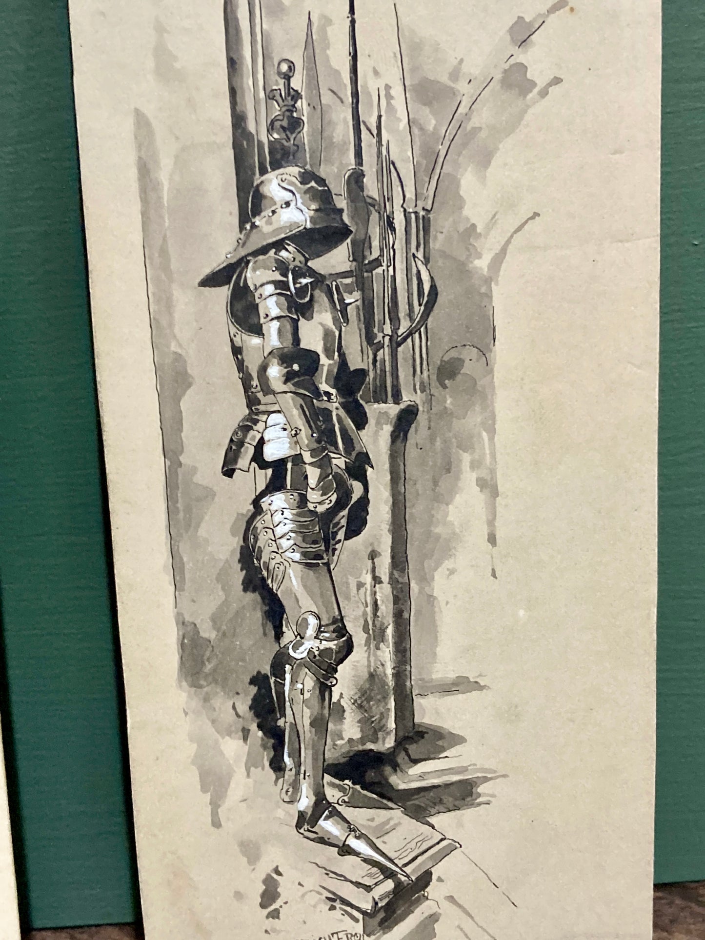 Pair Antique Albert Richter (1845 - 1898) Knight Armour Suit Fine Art Drawings