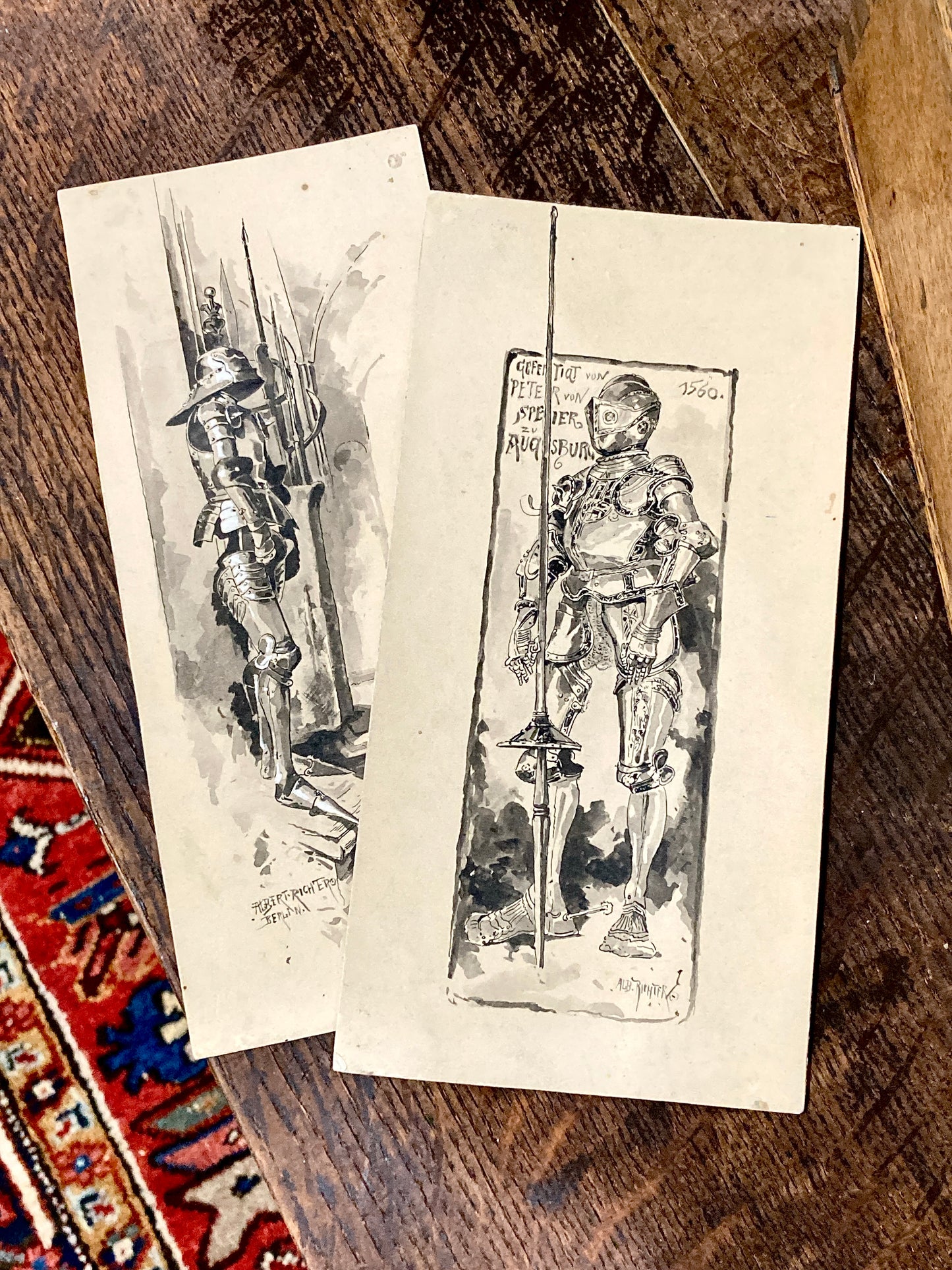 Pair Antique Albert Richter (1845 - 1898) Knight Armour Suit Fine Art Drawings